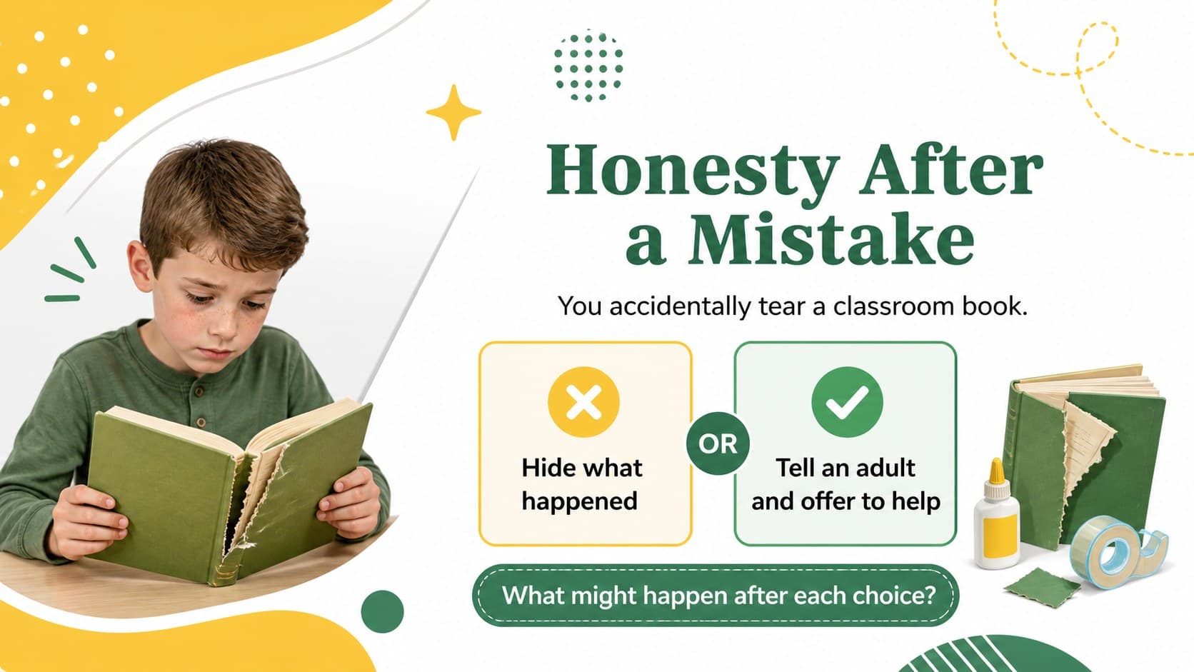 Honesty activity slide comparing truthful and untruthful responses to a classroom mistake.