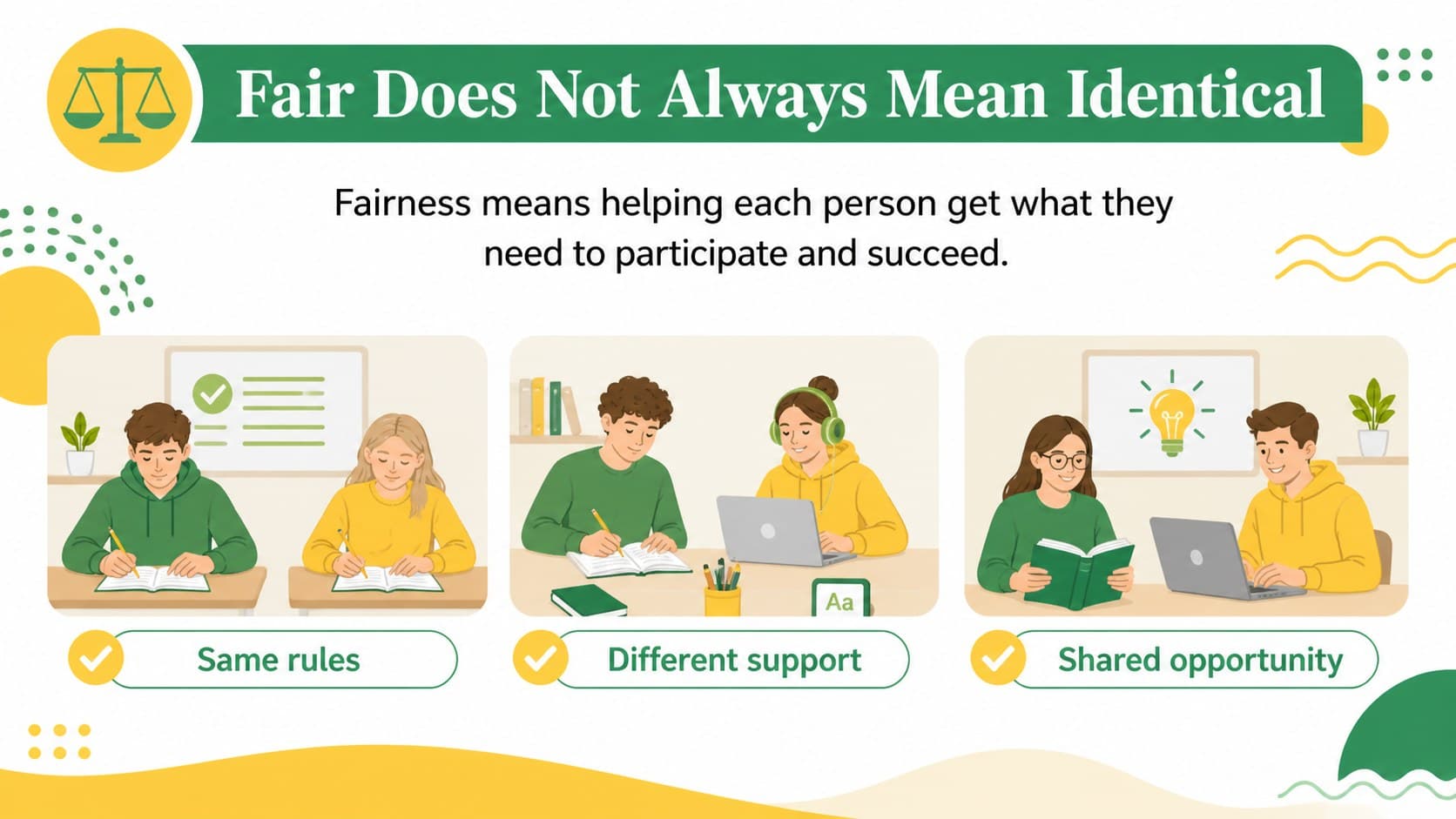 Fairness lesson slide showing that fair solutions may give people different kinds of support.