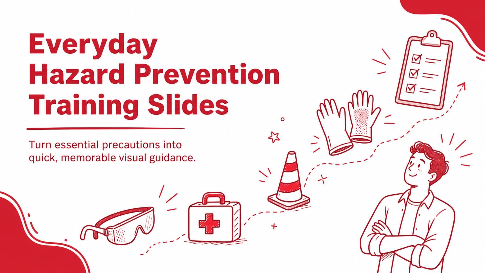Cover for Everyday Hazard Prevention Training Slides with red-and-white safety doodles and a bold central headline.