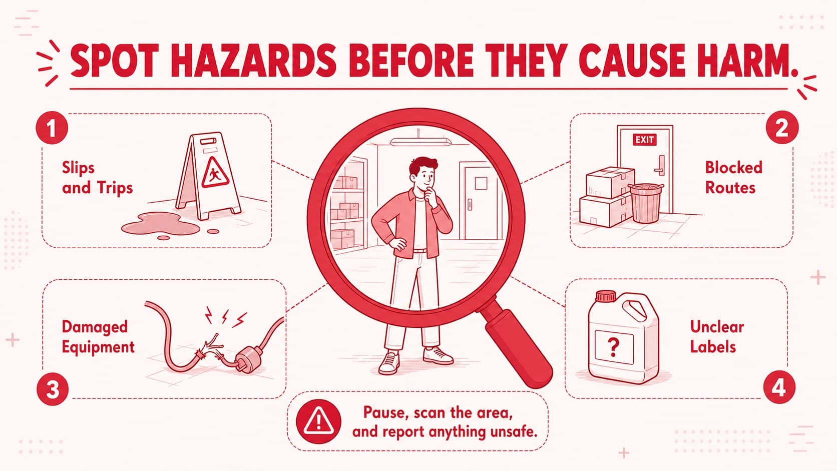 Hazard identification slide showing illustrated workplace and school safety risks in a red-and-white infographic layout.