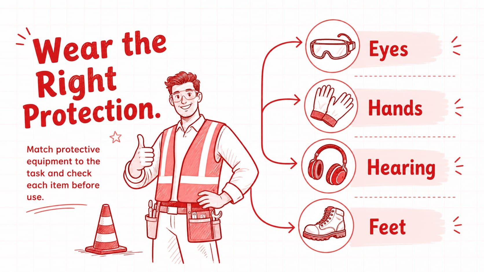 PPE reminder presentation slide with illustrated protective equipment and concise prevention steps.