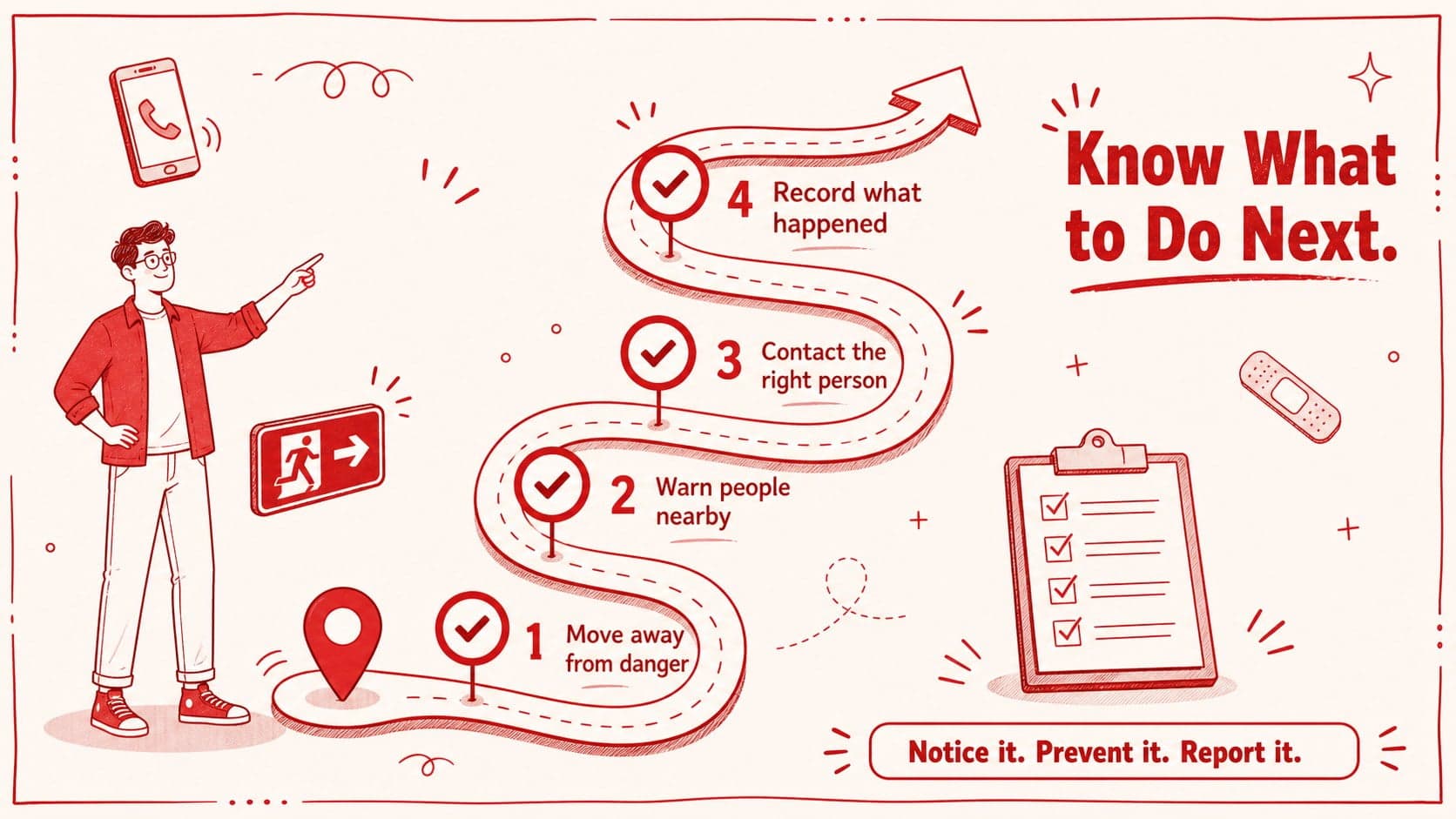 Safety action checklist slide summarizing prevention, response, and incident reporting steps.