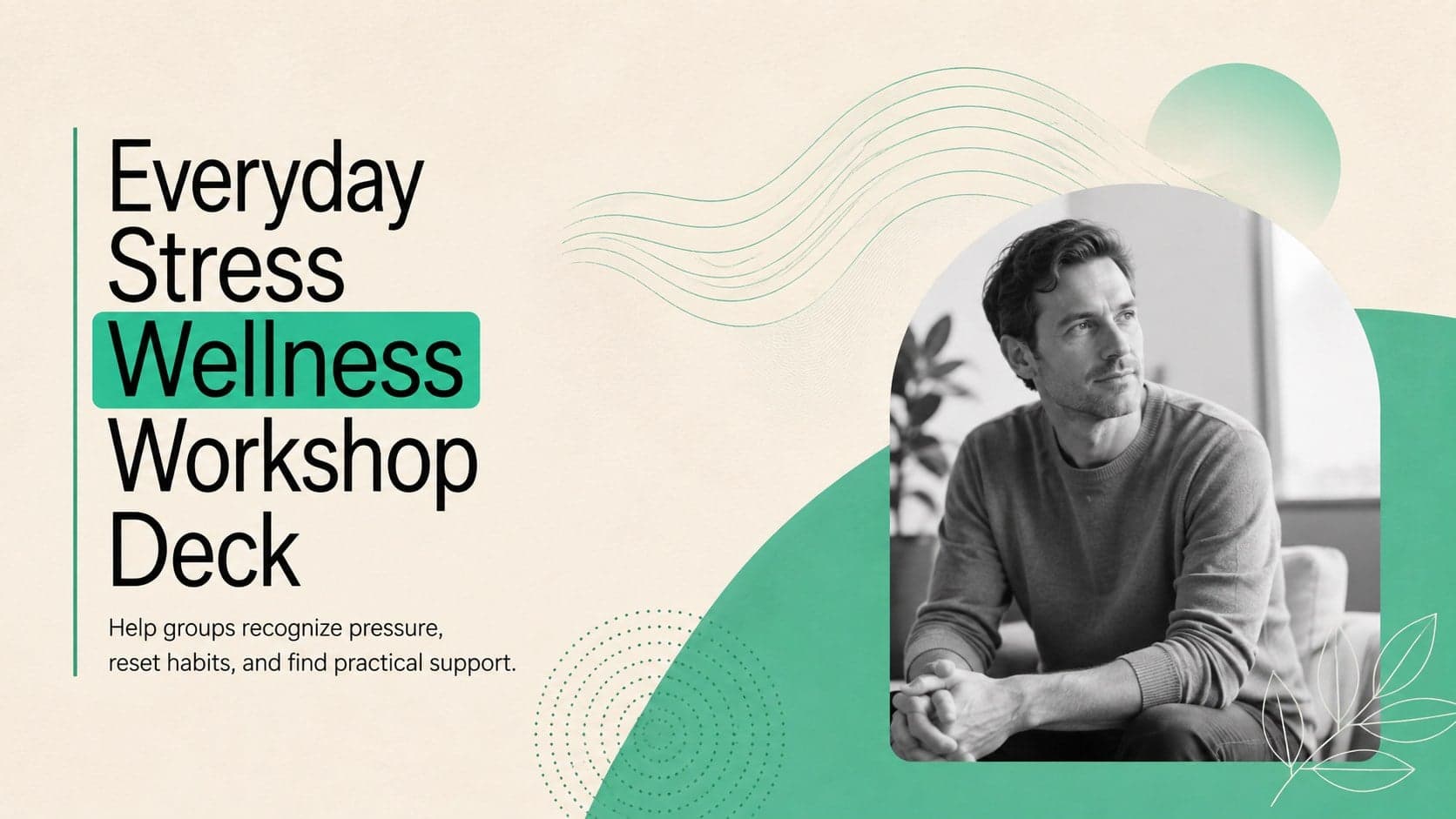 Cover of the Everyday Stress Wellness Workshop Deck in a modern beige, black, and green design.
