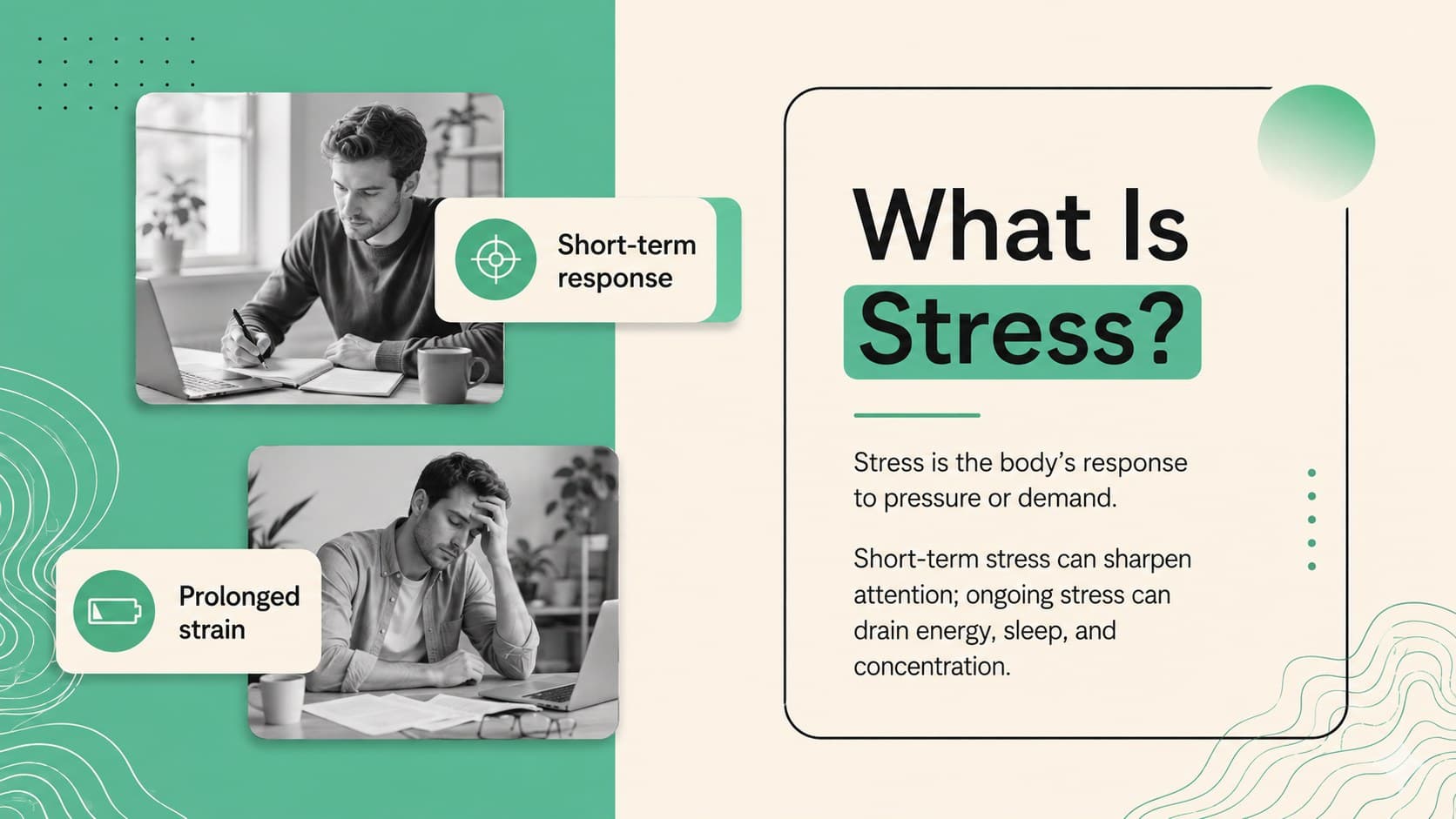 Stress management workshop slide explaining the difference between short-term pressure and prolonged stress.