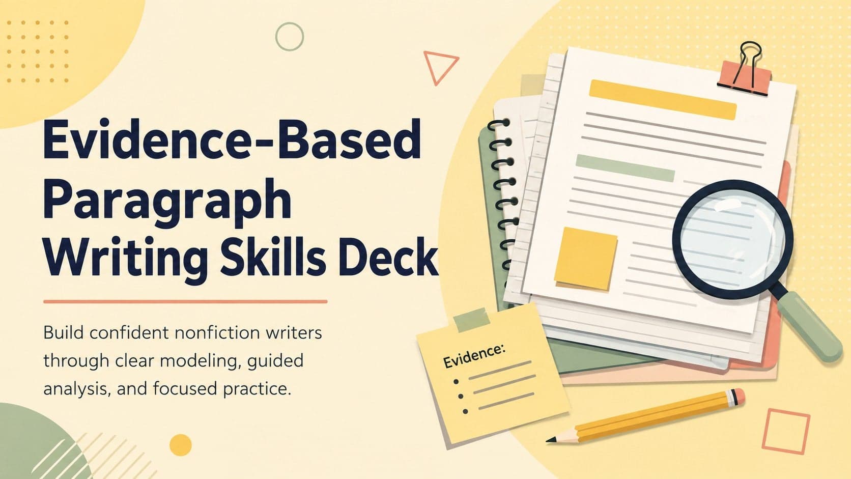 Pastel yellow cover for an Evidence-Based Paragraph Writing Skills Deck with notebook-inspired classroom graphics.