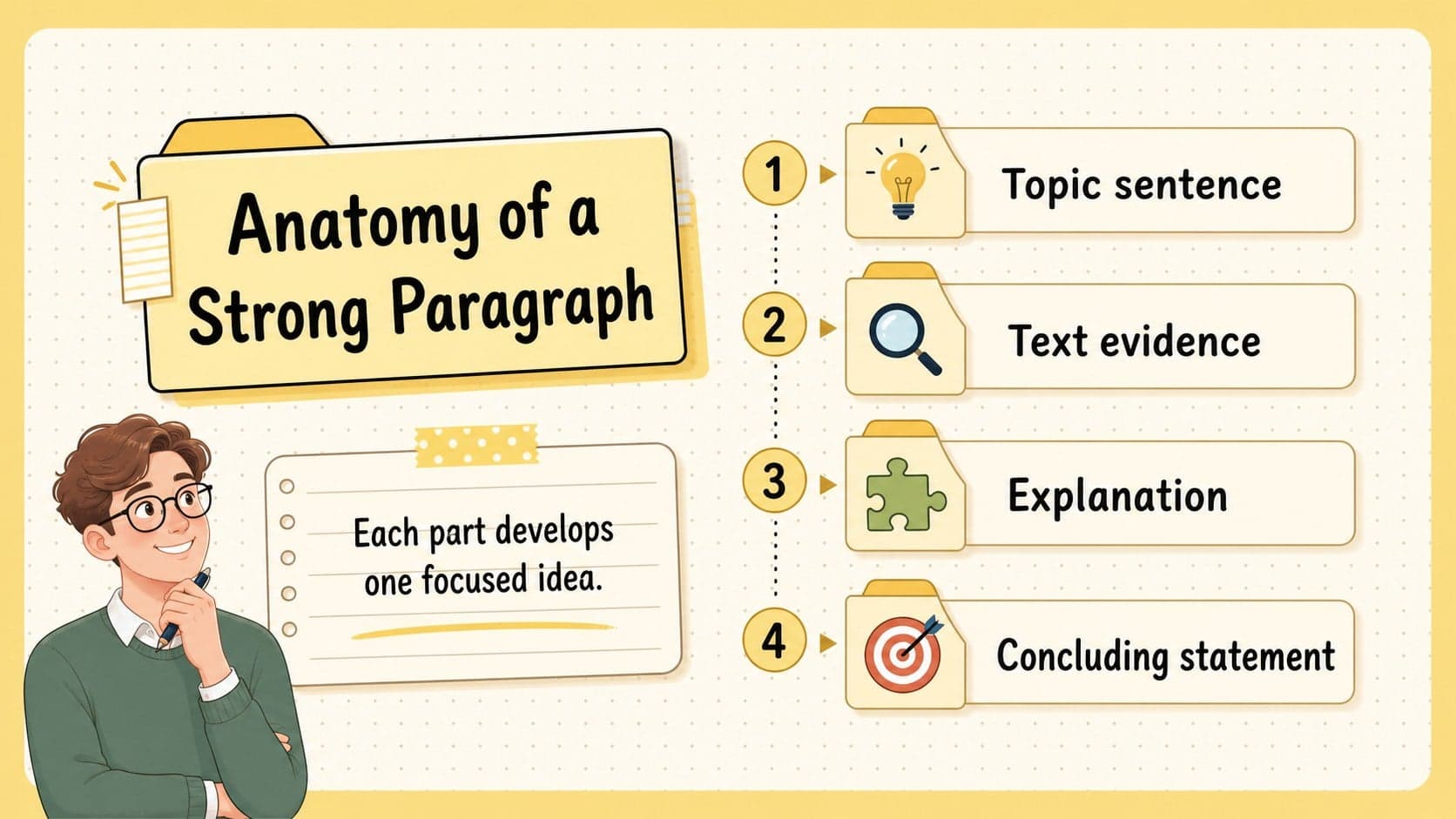 Paragraph organization graphic organizer showing topic sentence, evidence, explanation, and conclusion.
