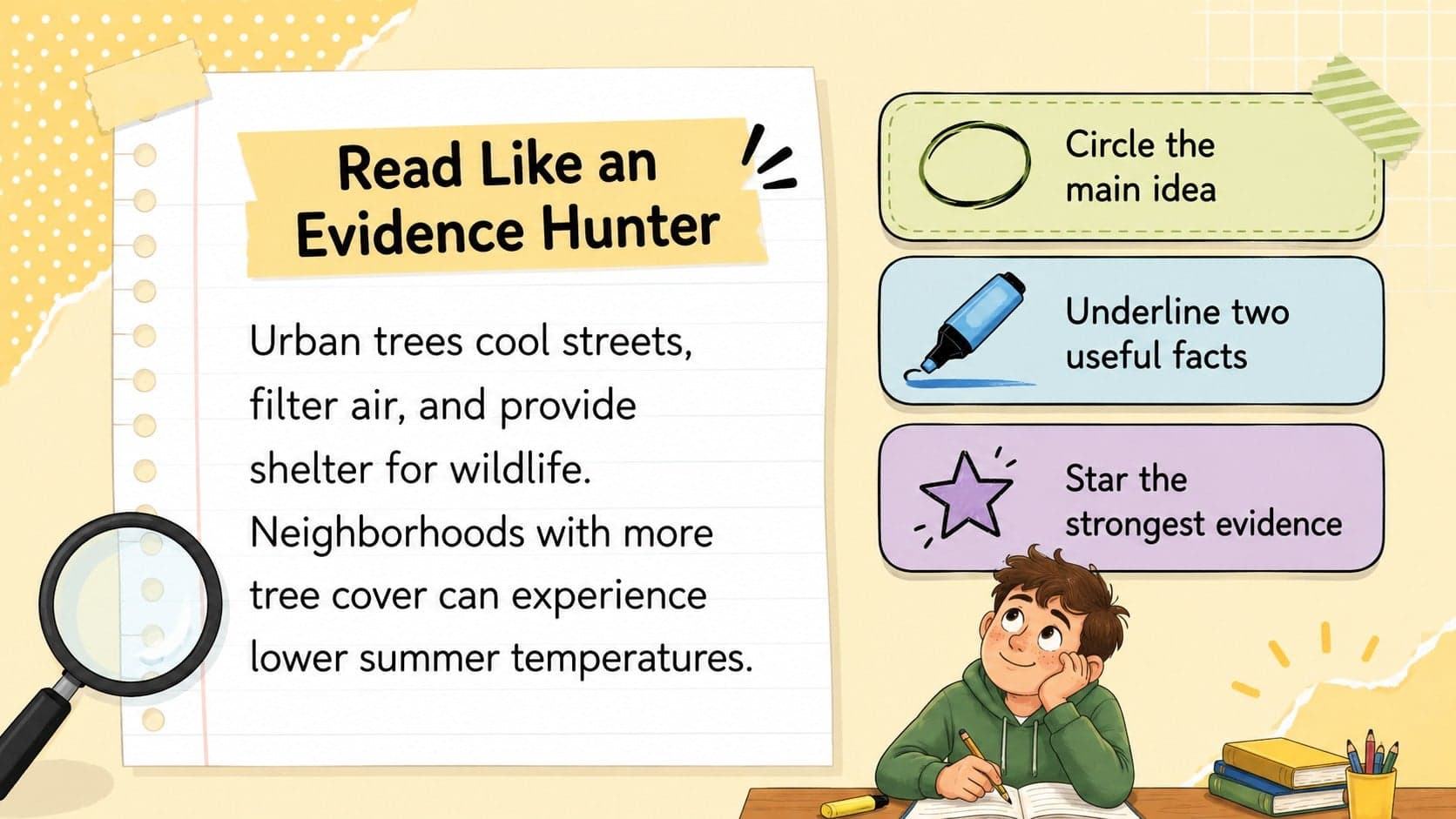 Nonfiction text analysis activity highlighting relevant facts and supporting details.