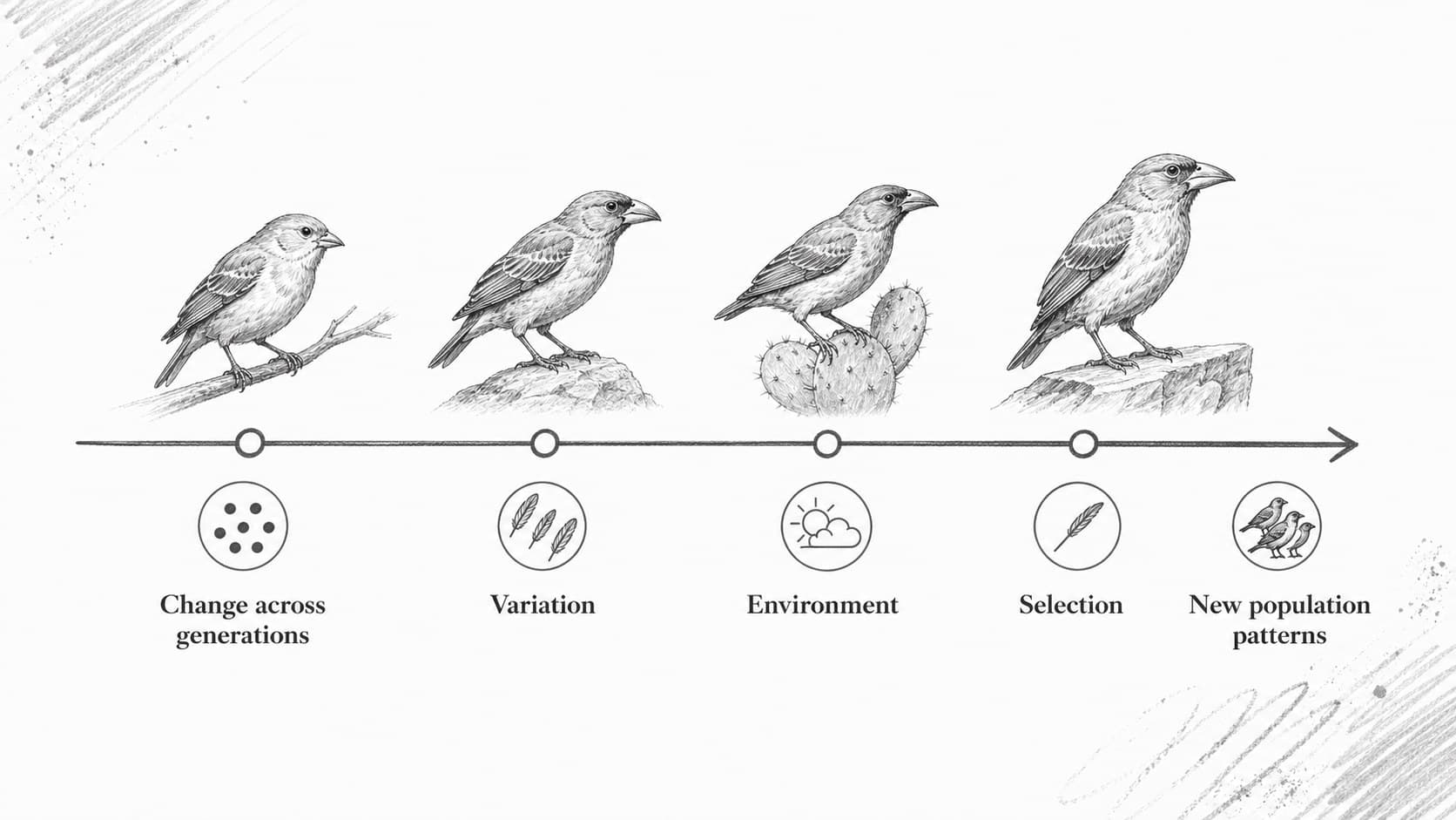 Evolution timeline presentation slide showing major changes across generations in a minimal illustrated layout.