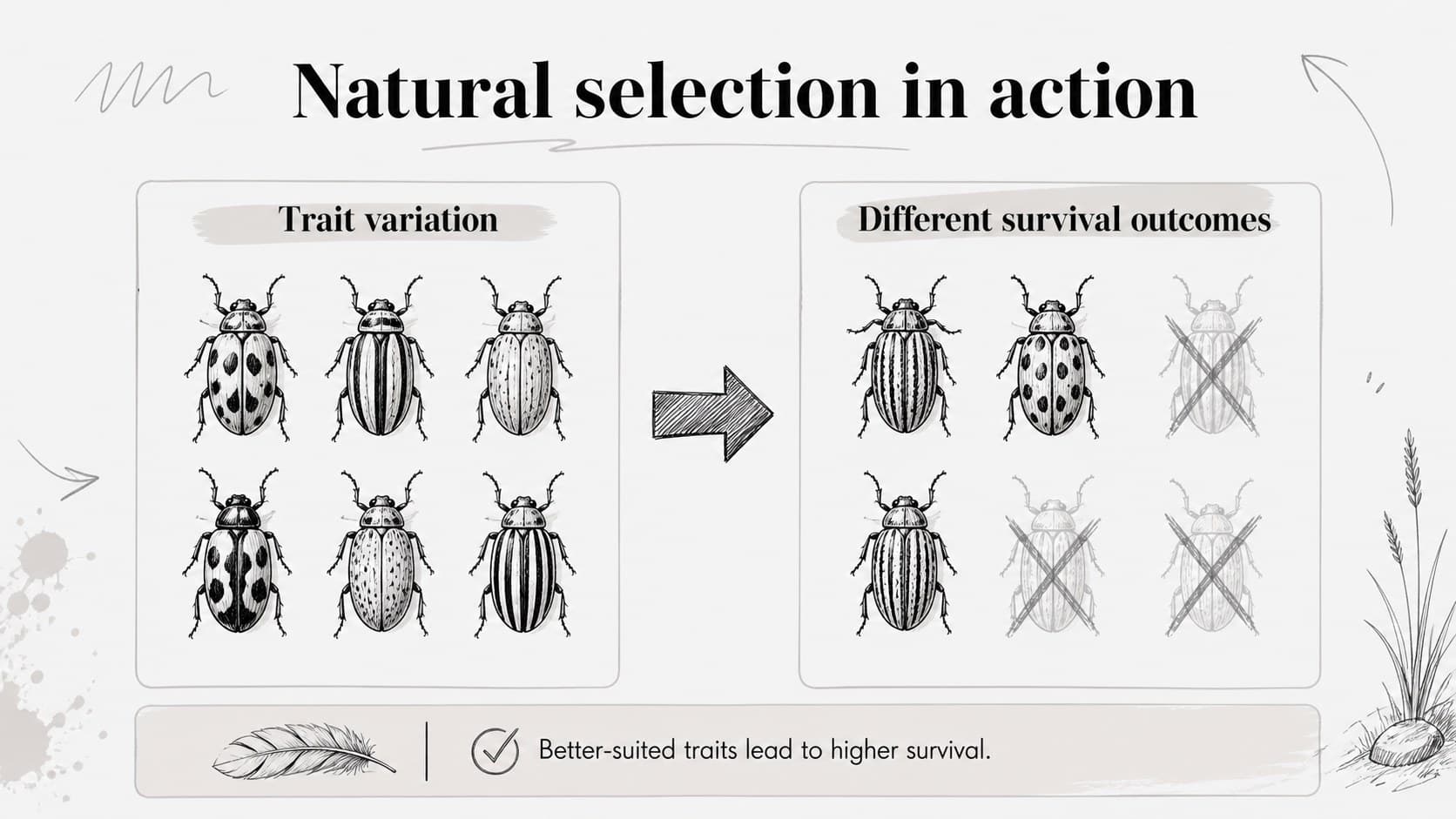 Natural selection lesson presentation slide comparing inherited traits with a hand-drawn classroom diagram.