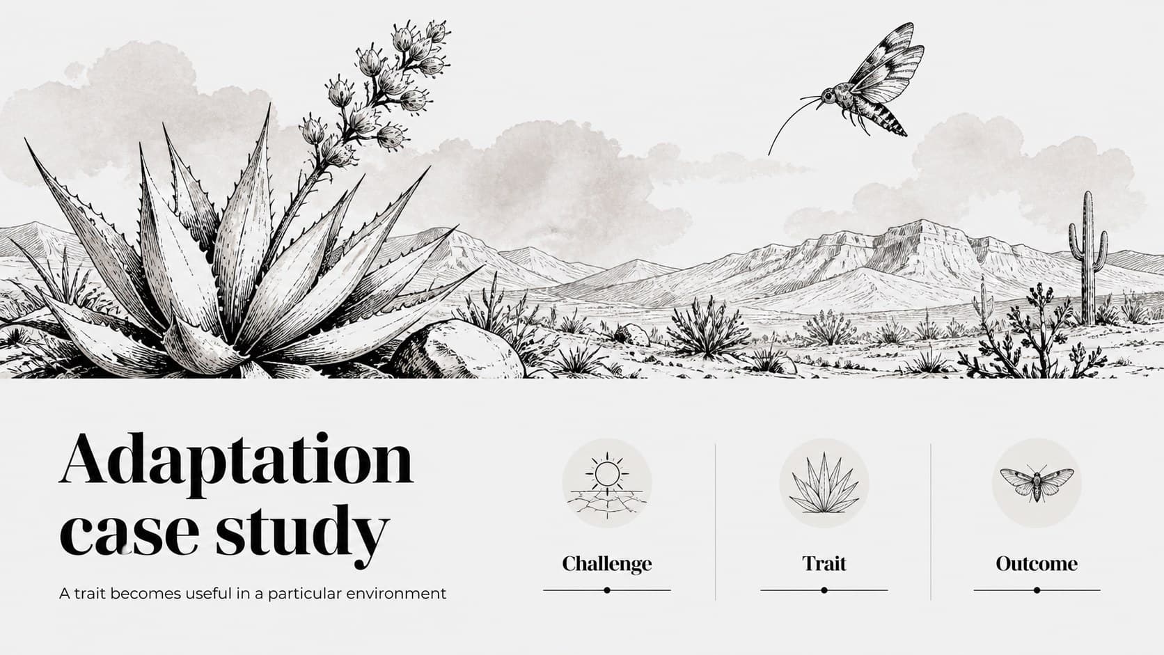 Editable science lesson slides showing an adaptation case study with a hand-drawn habitat illustration.