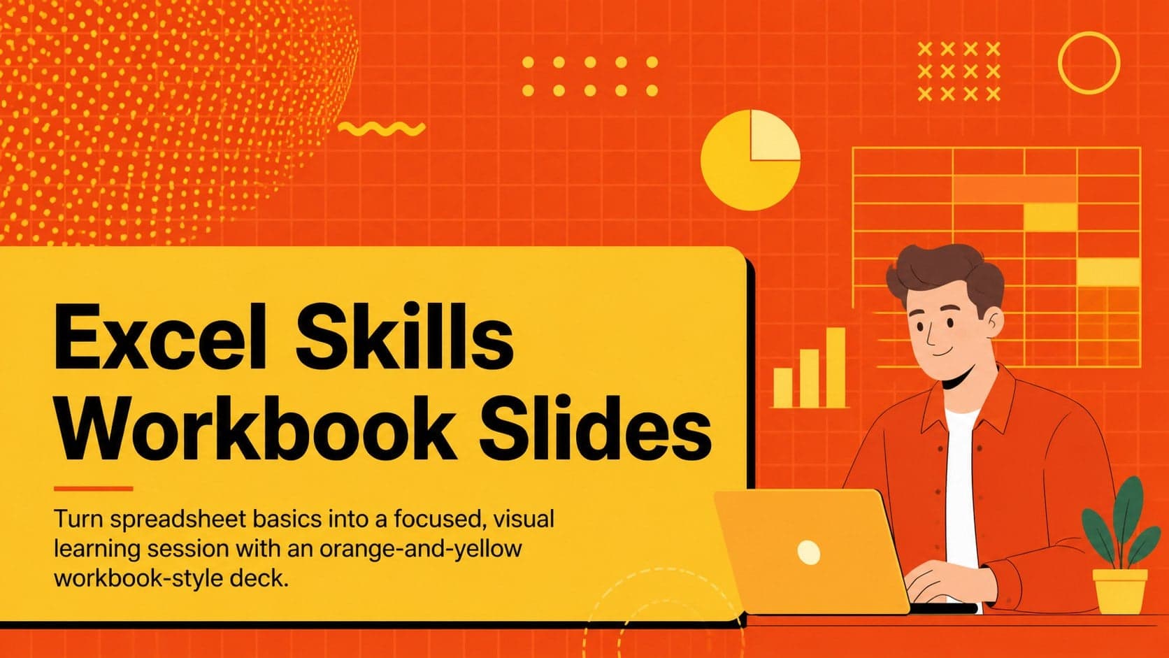 Cover slide for an excel skills workbook slides presentation with orange and yellow pixel-inspired geometry.