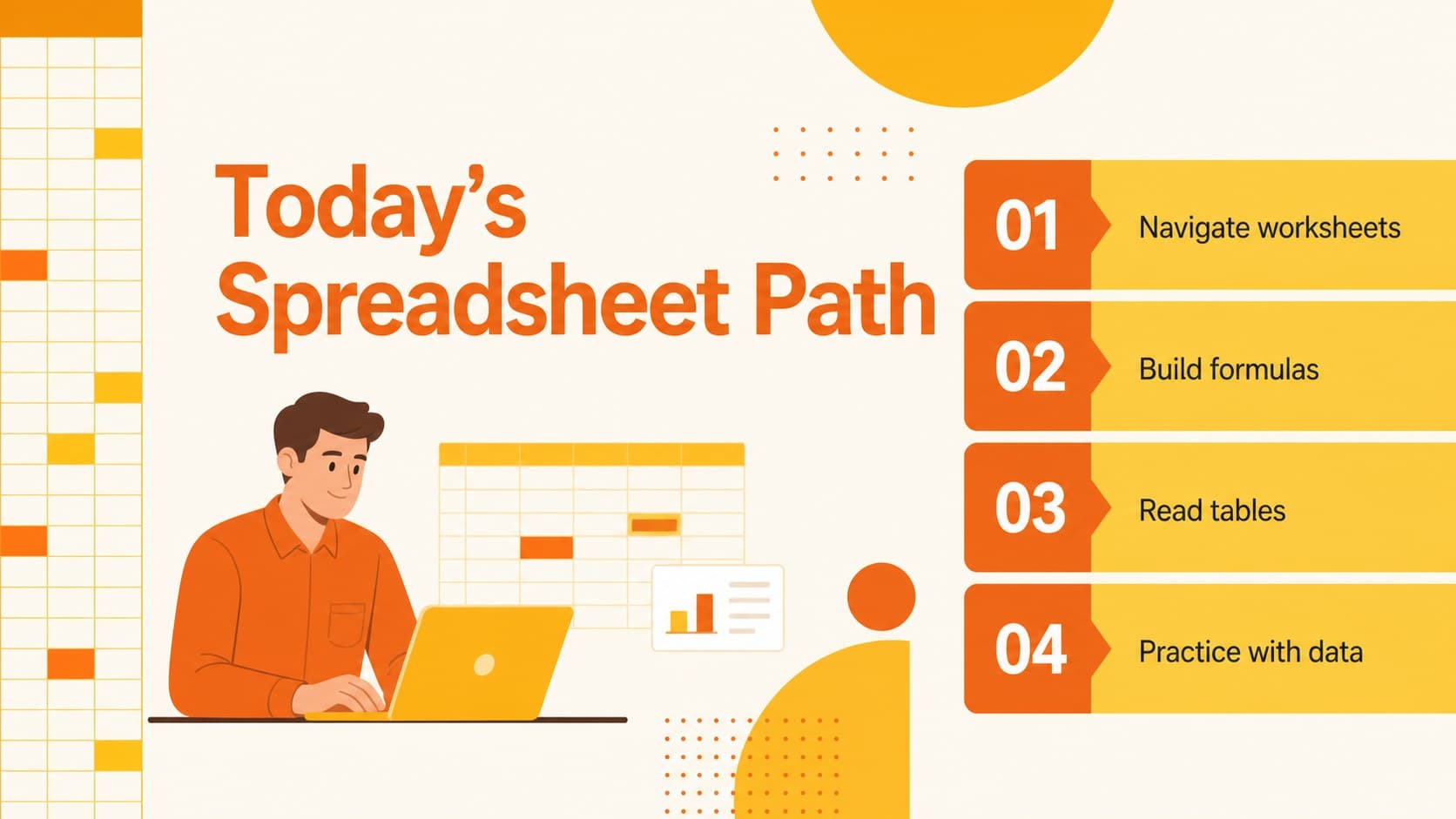 Agenda slide outlining spreadsheet fundamentals for an Excel training presentation.