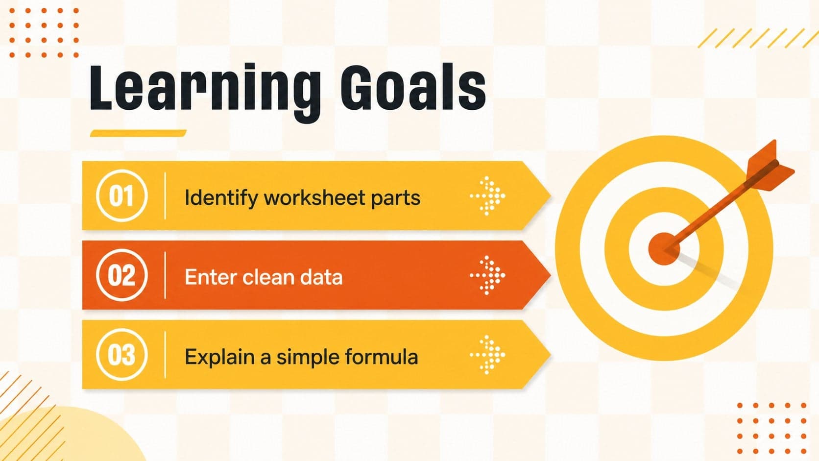 Learning objectives slide for a beginner spreadsheet workshop presentation.