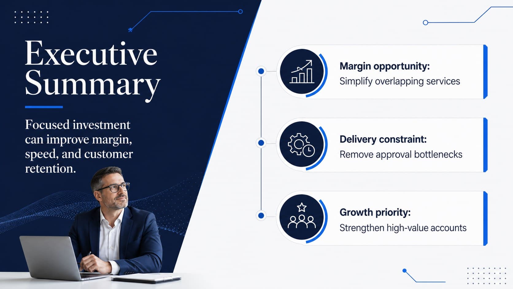Executive summary slide presenting three consulting findings and a concise decision statement in navy and white.