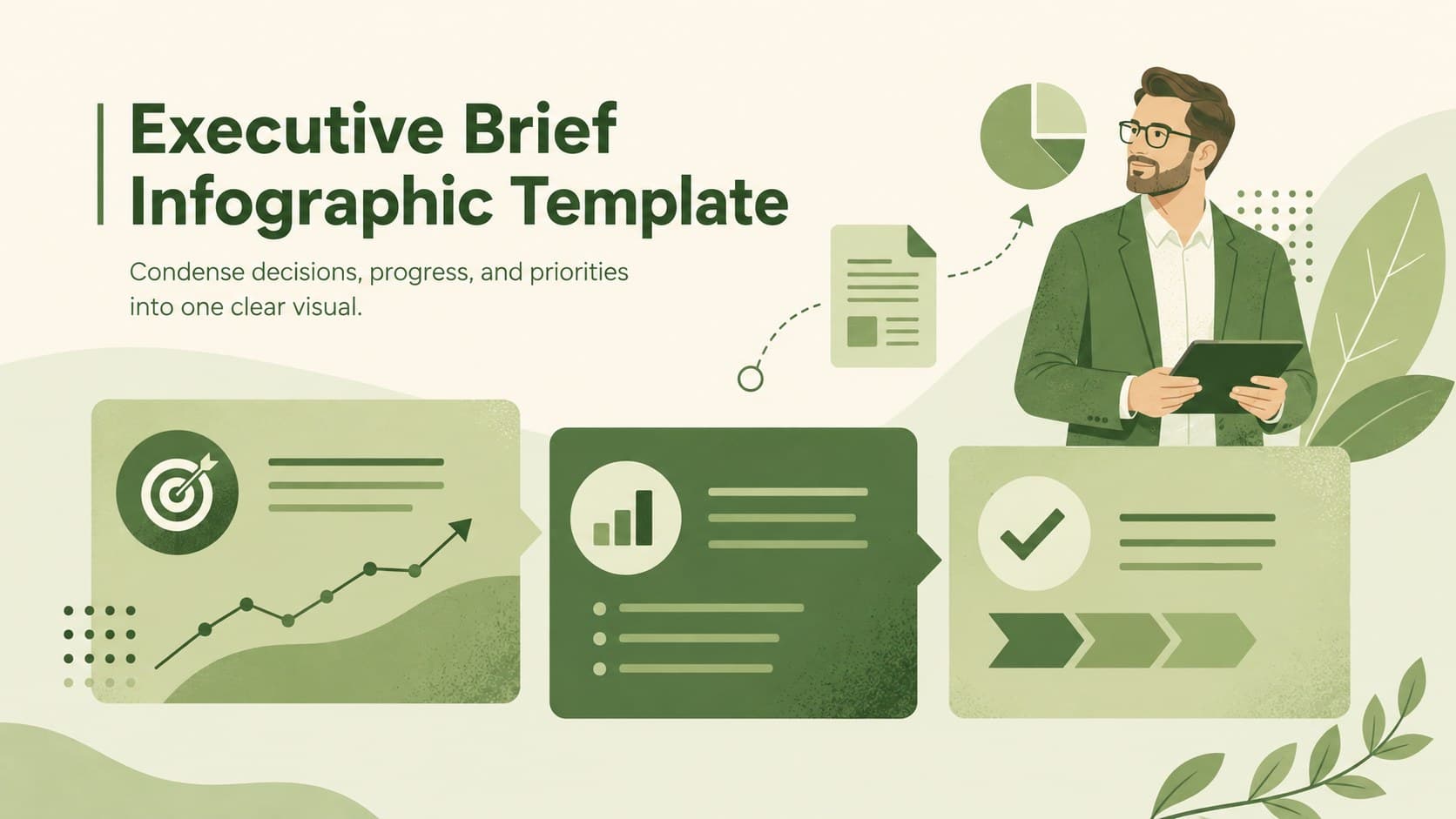 Executive Brief Infographic Template cover with a minimal green business layout and illustrated strategic planning graphics.
