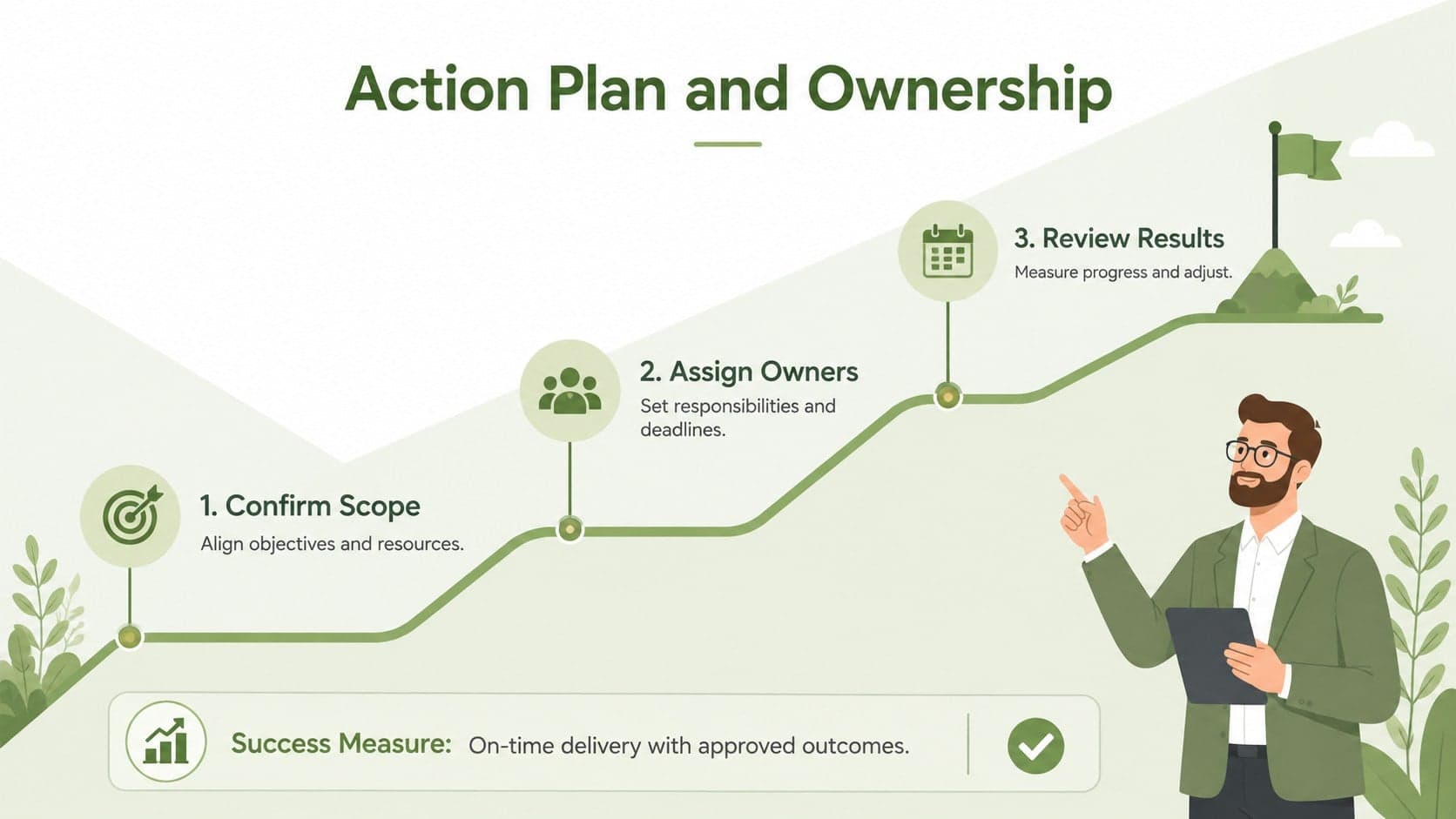 Executive action plan infographic with three green stages for ownership, timing, success measures, and next steps.
