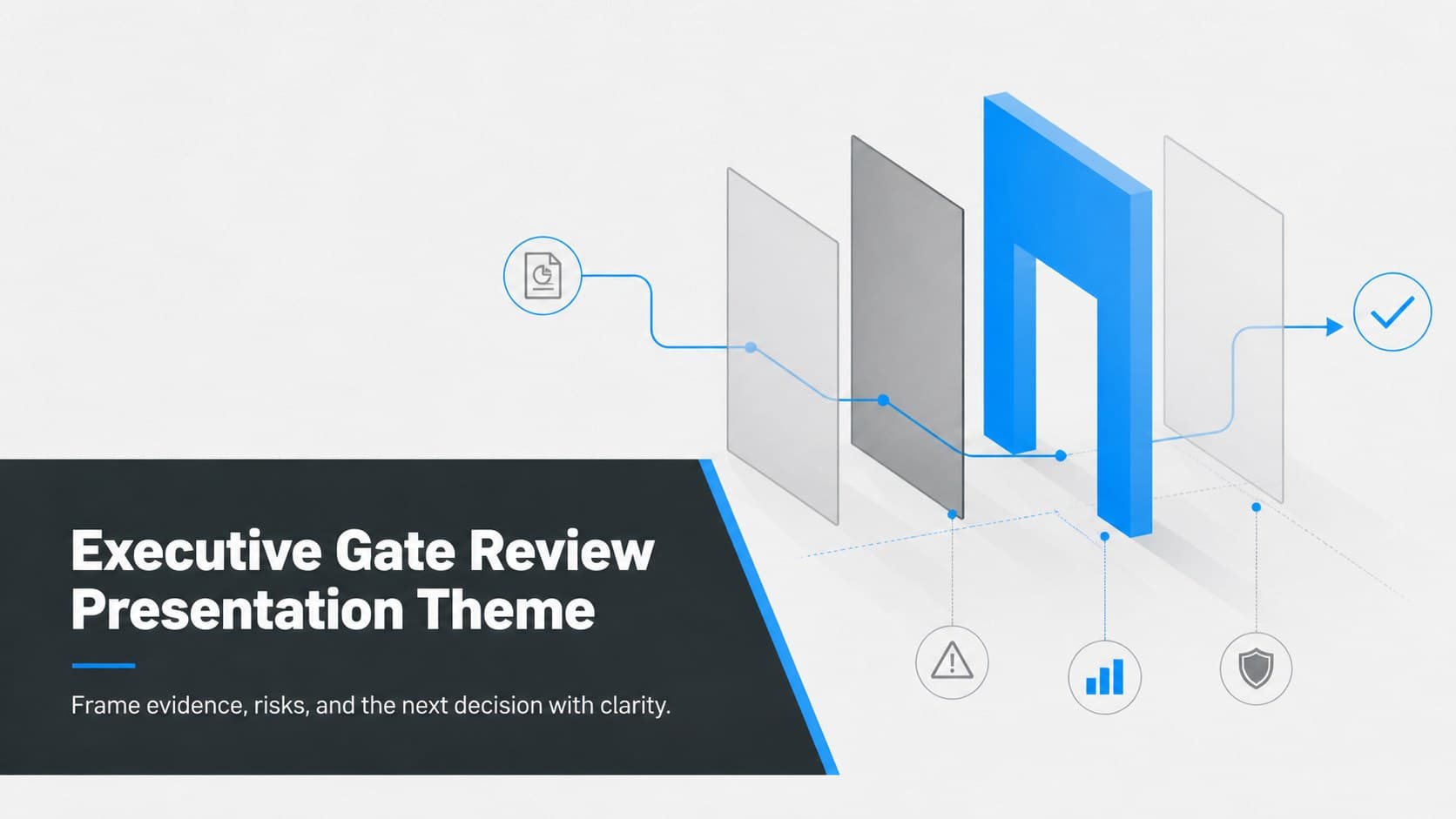 Cover slide for an executive gate review presentation with a bold title, blue-gray geometric accents, and a restrained business layout.