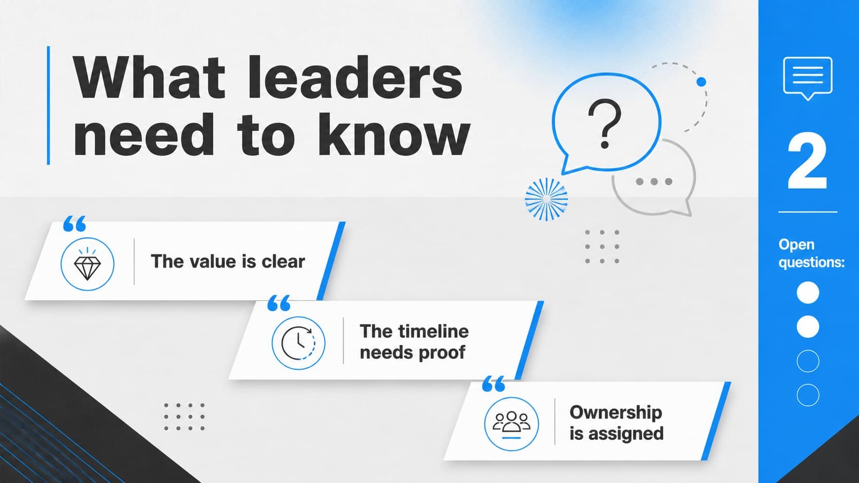 Stakeholder input slide summarizing executive perspectives with concise quote cards and response categories.