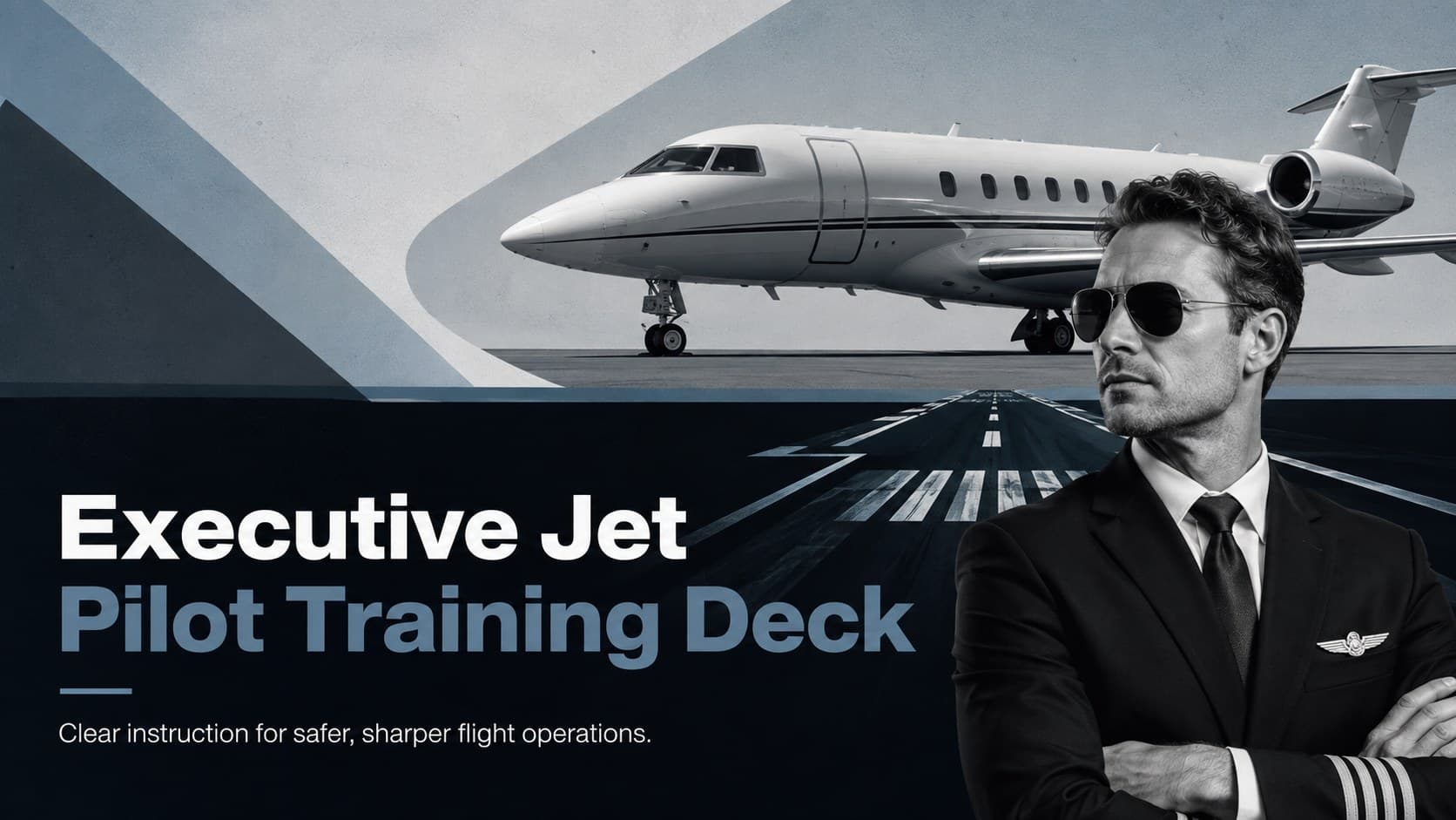 Cover of an executive jet pilot training deck with bold blue, black, white, and grey aviation graphics.