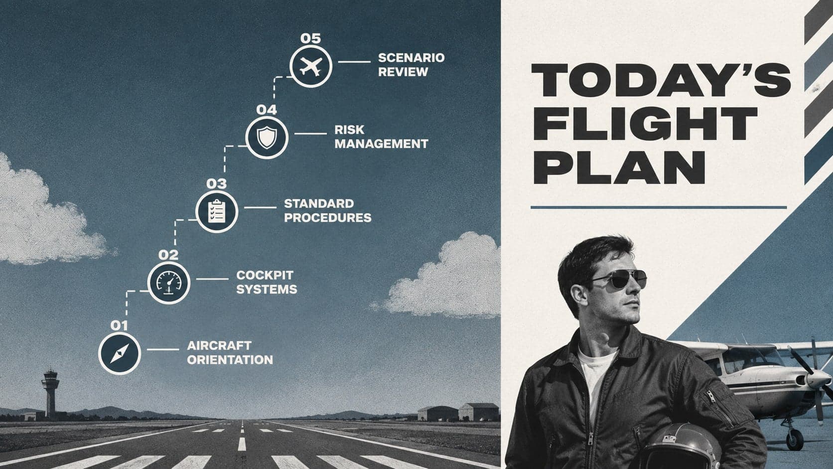 Aviation training agenda slide outlining the learning route for executive jet pilots.