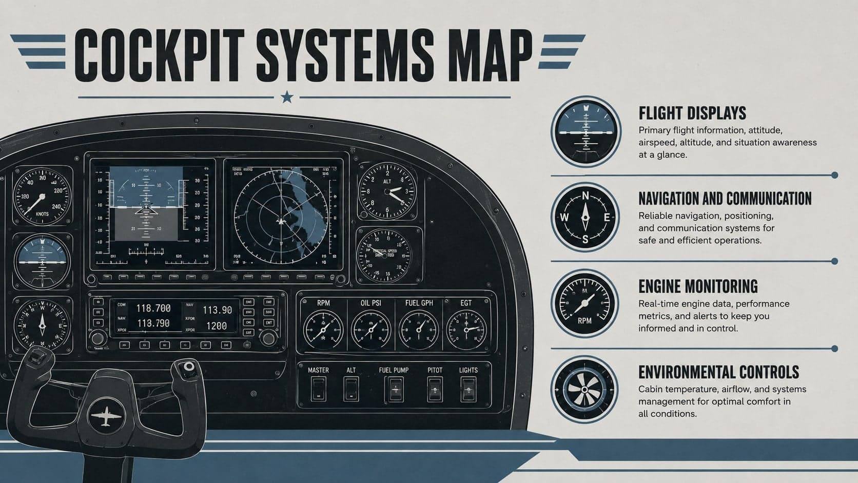 Private aircraft cockpit training presentation slide mapping four flight deck system zones.