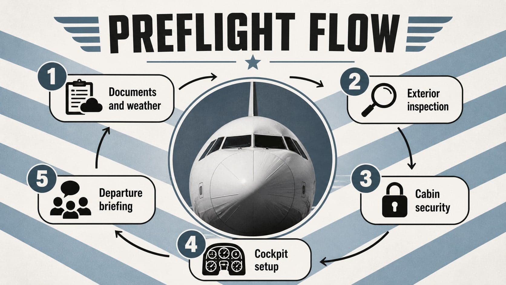 Executive jet preflight checklist slide showing a five-step inspection flow.