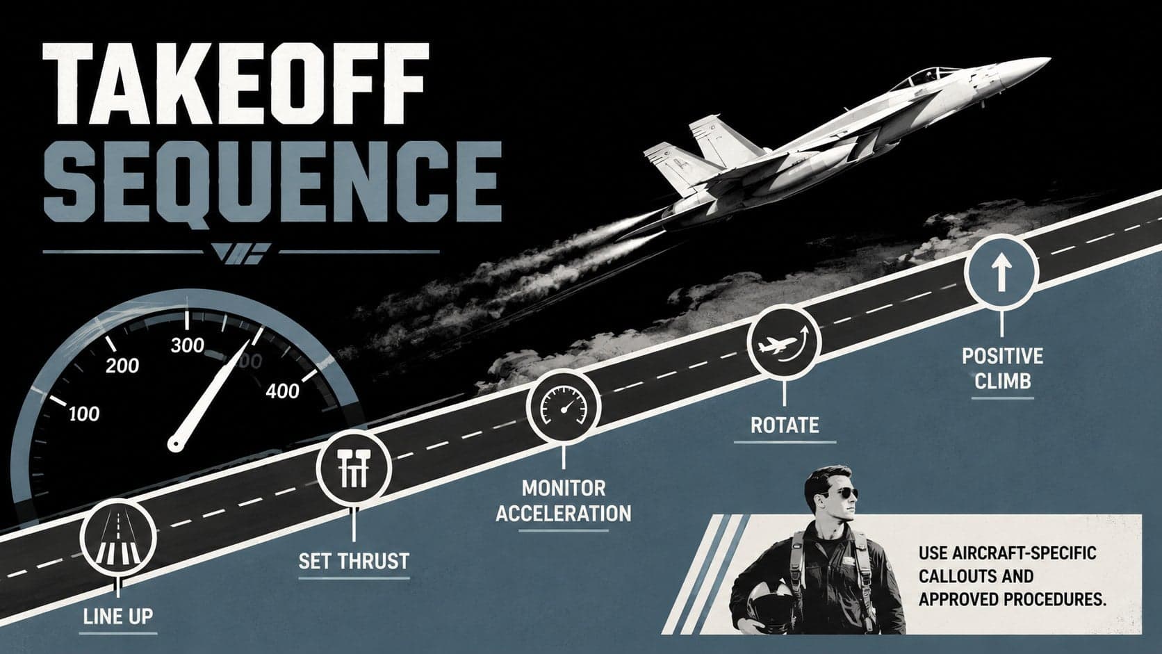 Pilot training slide presenting the takeoff sequence as a clear operational timeline.