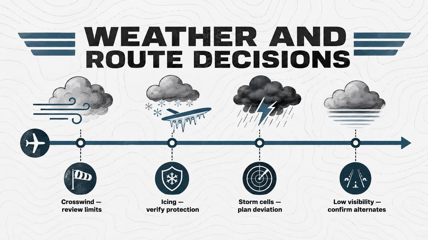 Aviation weather planning slide comparing route hazards and pilot responses.