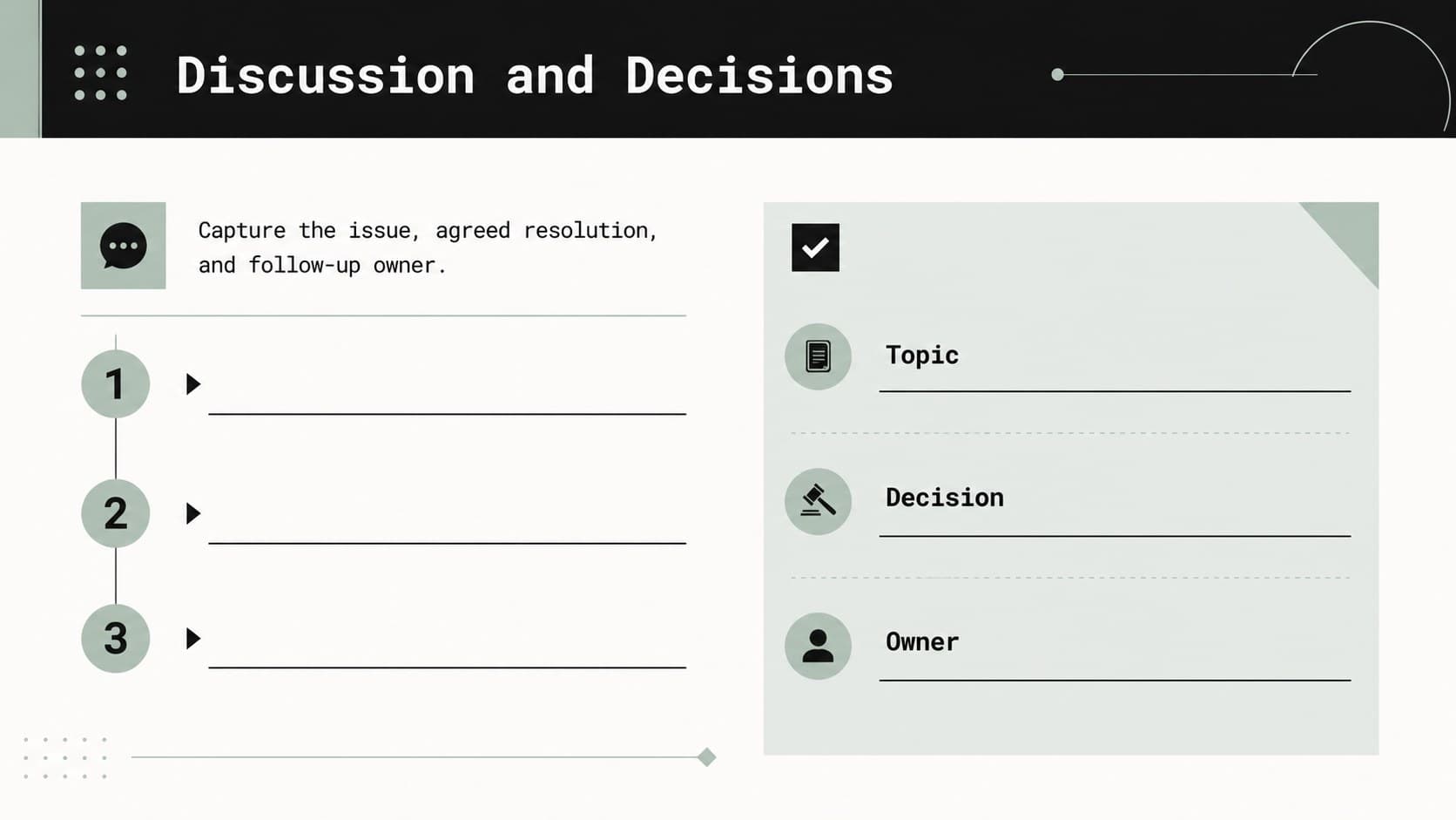 Meeting decision tracker layout showing discussion points and resolutions in a minimalist green corporate presentation.
