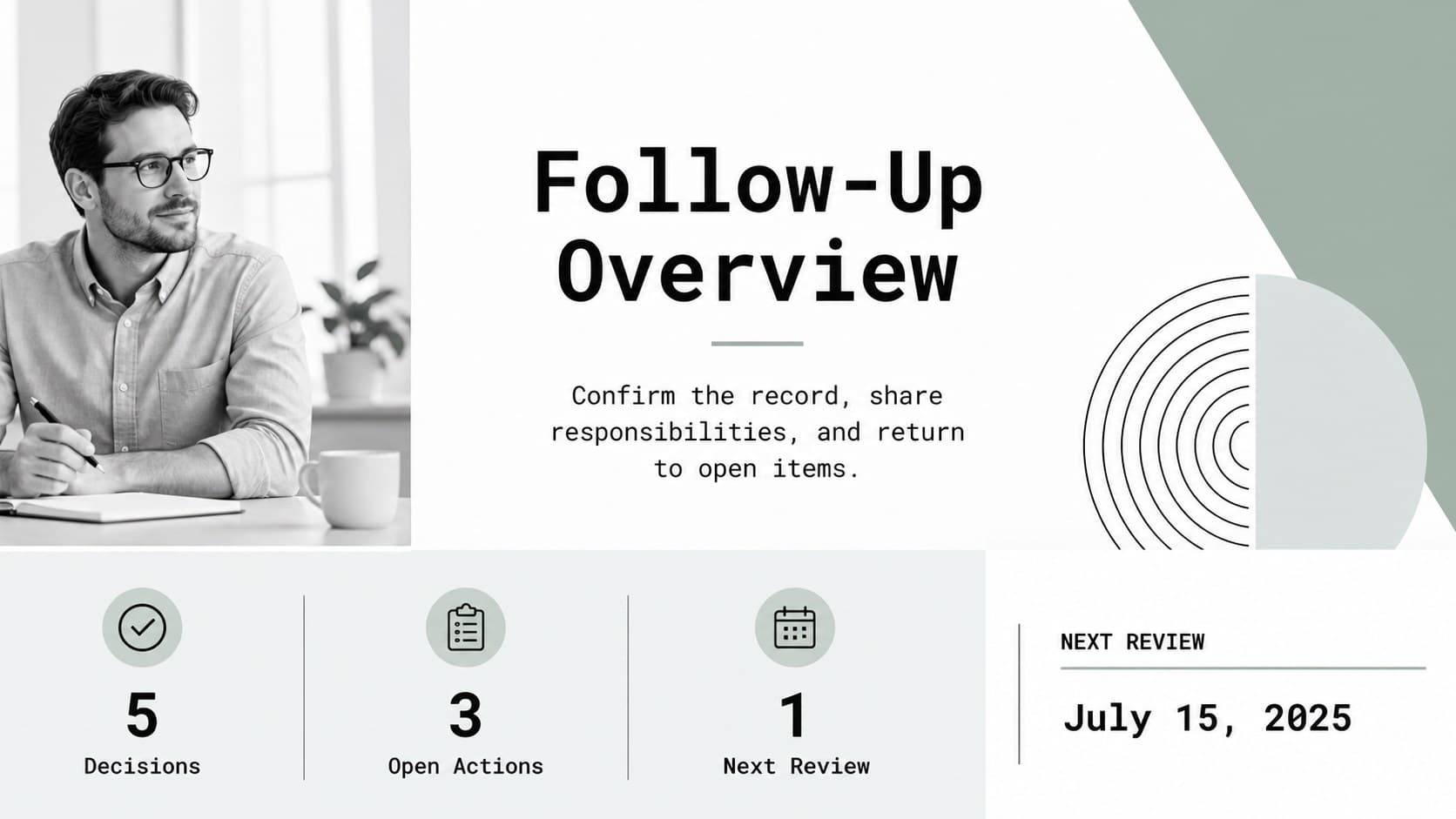 Follow-up overview slide summarizing meeting outcomes and next review date in a green corporate presentation theme.