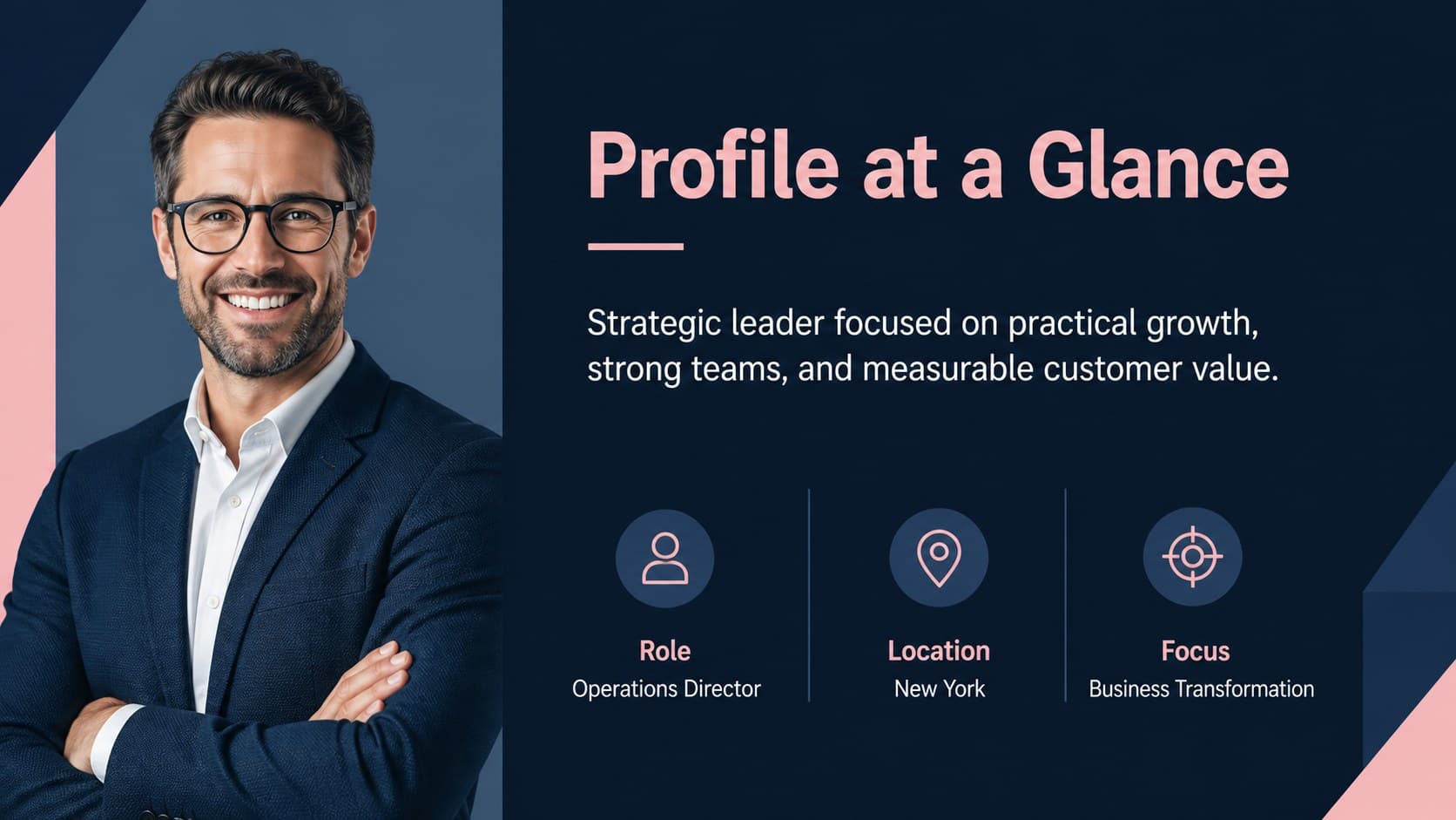 Professional introduction slide from an executive profile story deck with a portrait and concise biography.