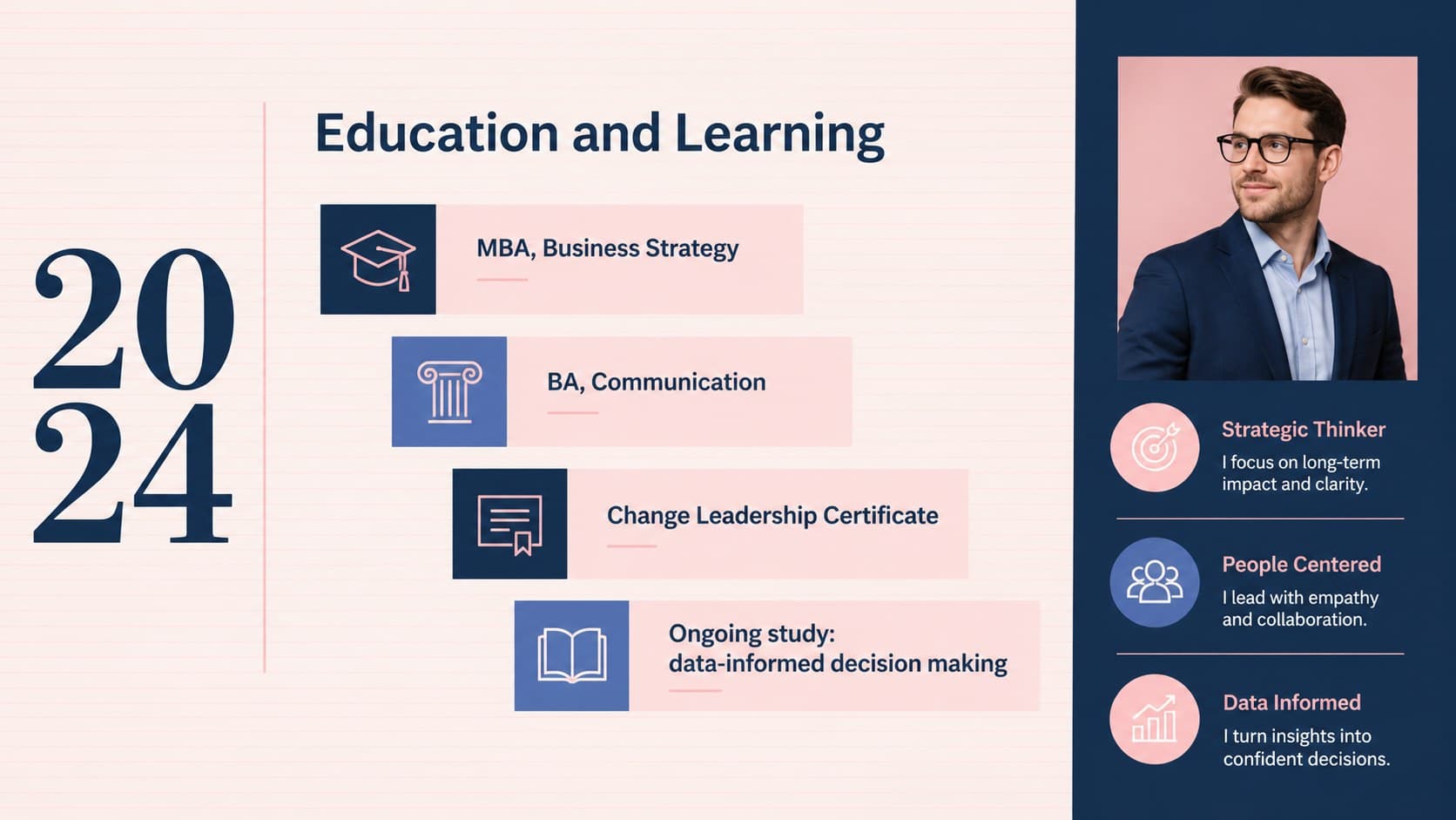 Executive profile story deck slide summarizing education, certifications, and continuous learning.