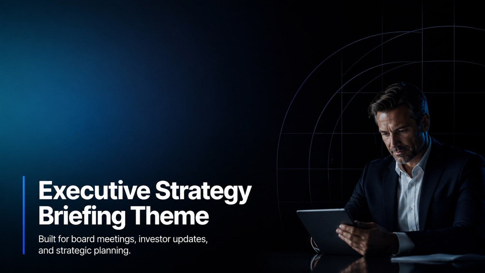 Cover slide for an executive strategy briefing theme with a dark gradient background and bold business title.