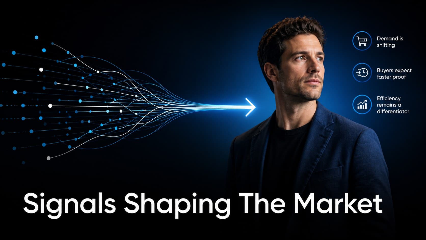 Dark business presentation slide mapping market signals with blue data points and concise labels.