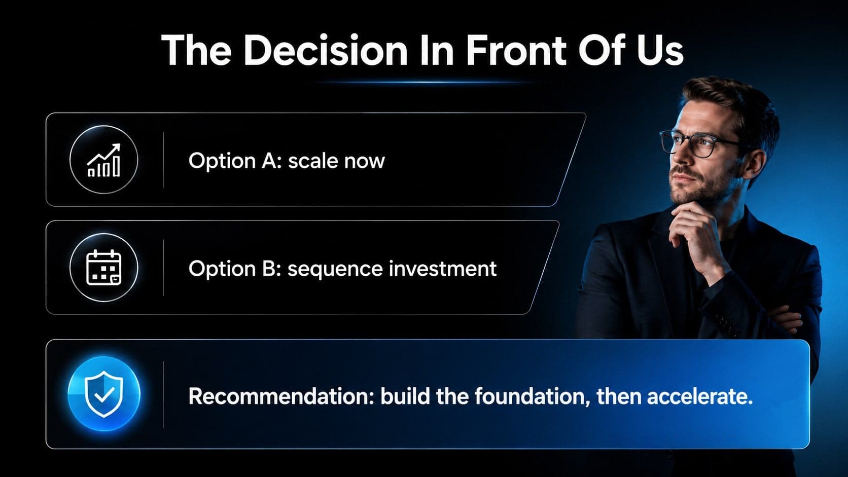 Executive decision slide summarizing options, trade-offs, and a recommended direction.