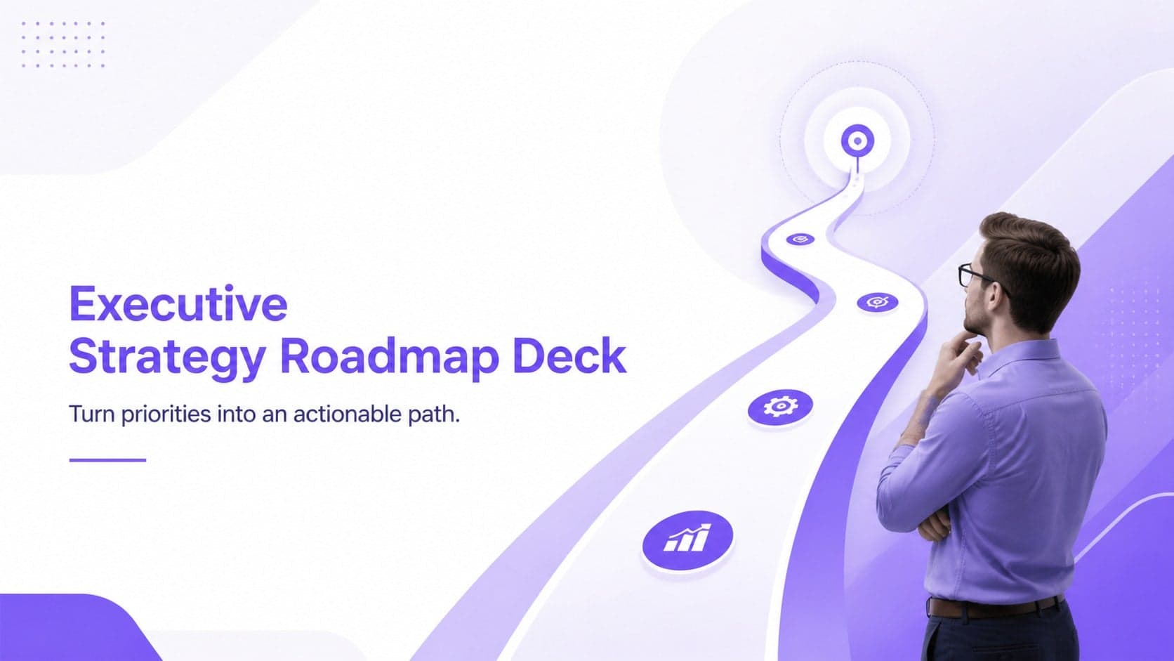 Executive strategy roadmap deck cover with minimalist purple graphics and a concise leadership planning subtitle.