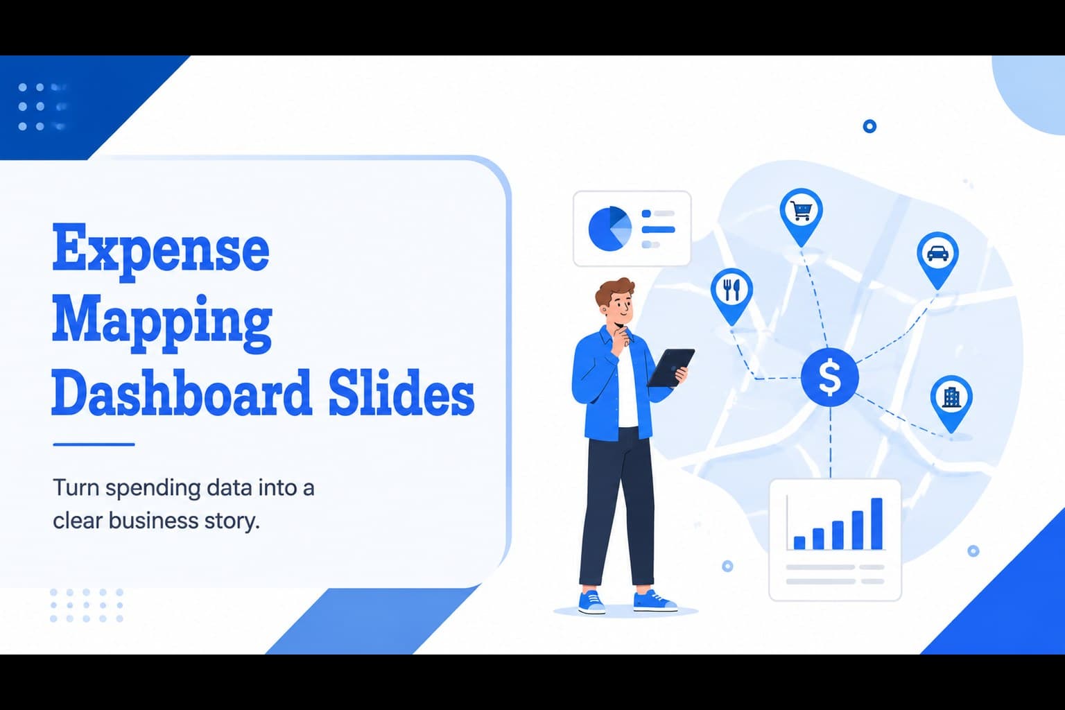 Cover slide presenting an expense mapping dashboard with blue financial illustrations and a business cost overview.