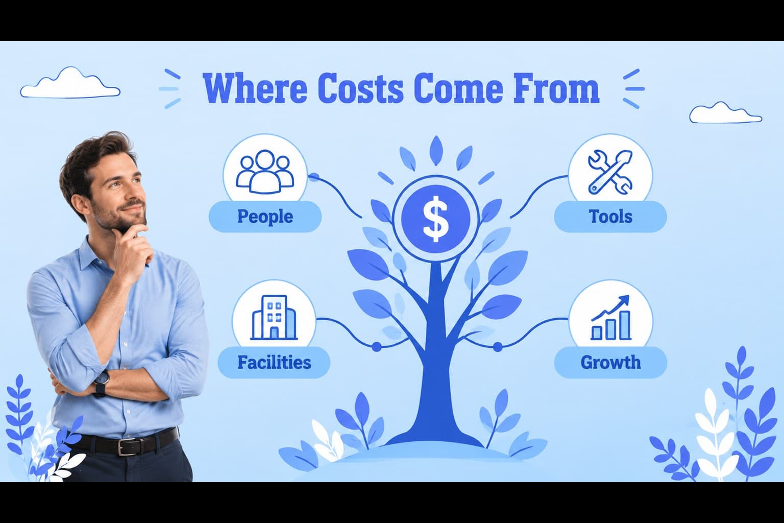 Cost structure analysis slide dividing business expenses into clear illustrated categories.