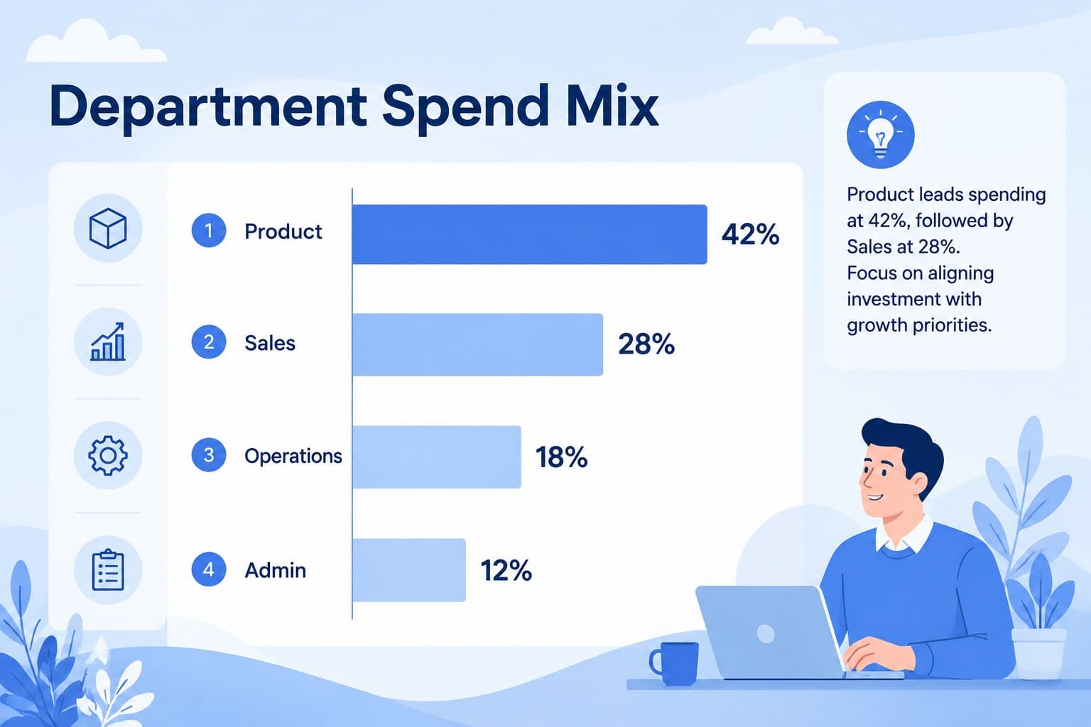 Expense category slide comparing department spending with illustrated blue chart elements.