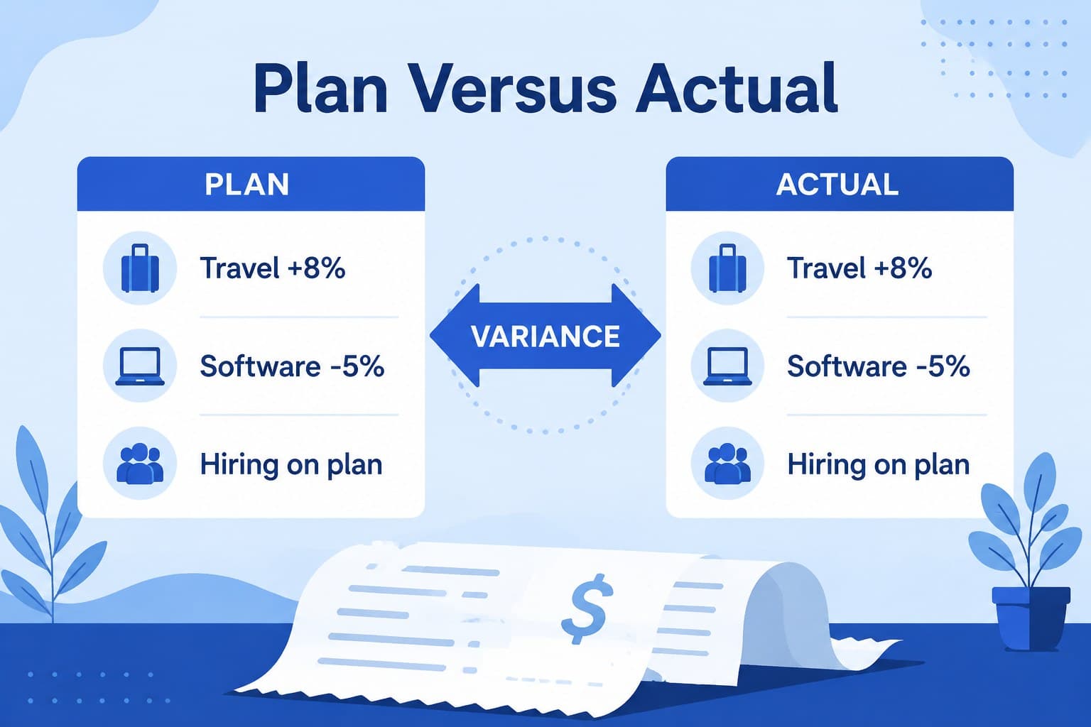 Budget variance slide visualizing planned and actual operating costs in an editable blue infographic.