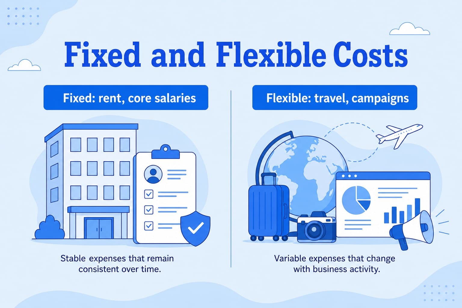 Fixed and variable cost slide explaining operating cost behavior with blue illustrated diagrams.