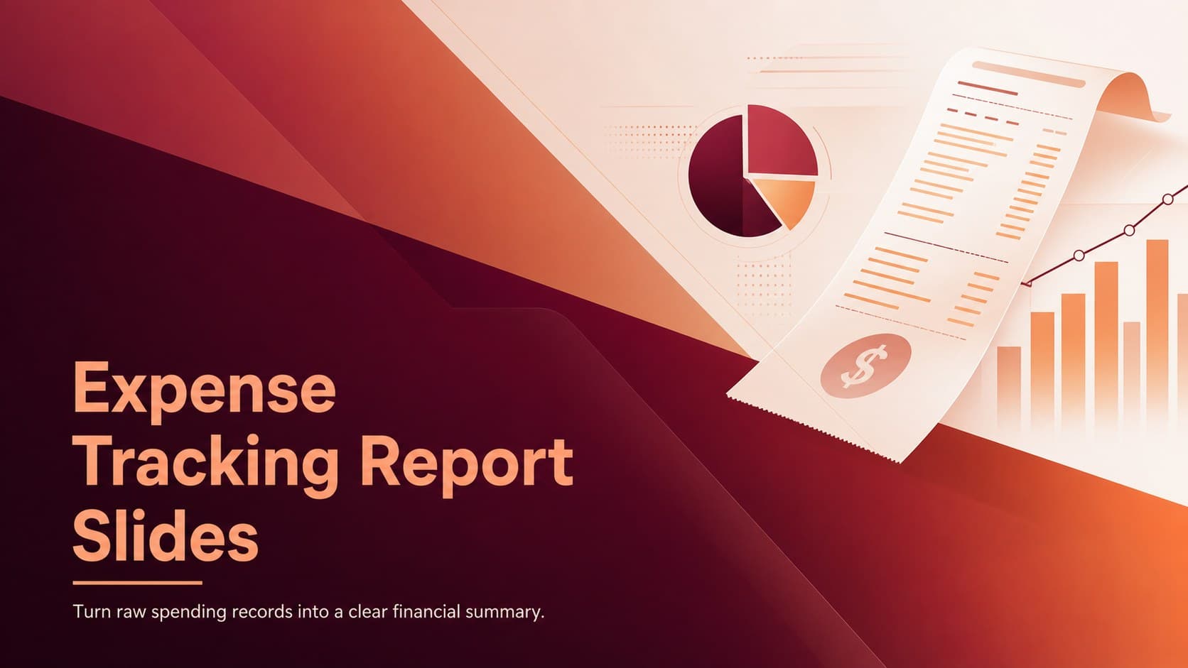 Cover for Expense Tracking Report Slides with a red and orange gradient, clean finance graphics, and a concise reporting subtitle.