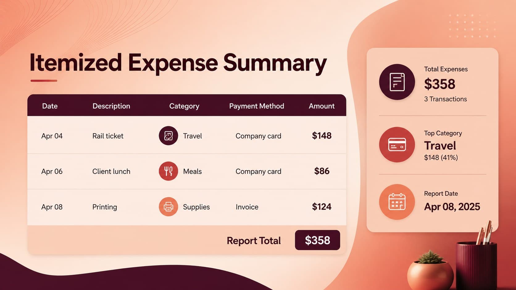 Editable expense summary presentation showing itemized costs, payment methods, category labels, and a prominent total.