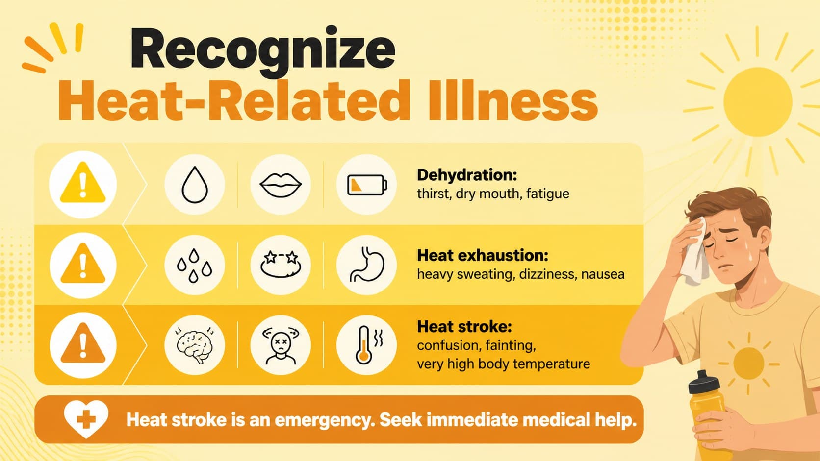 Heat illness prevention slide listing dehydration, heat exhaustion, and heat stroke warning signs.