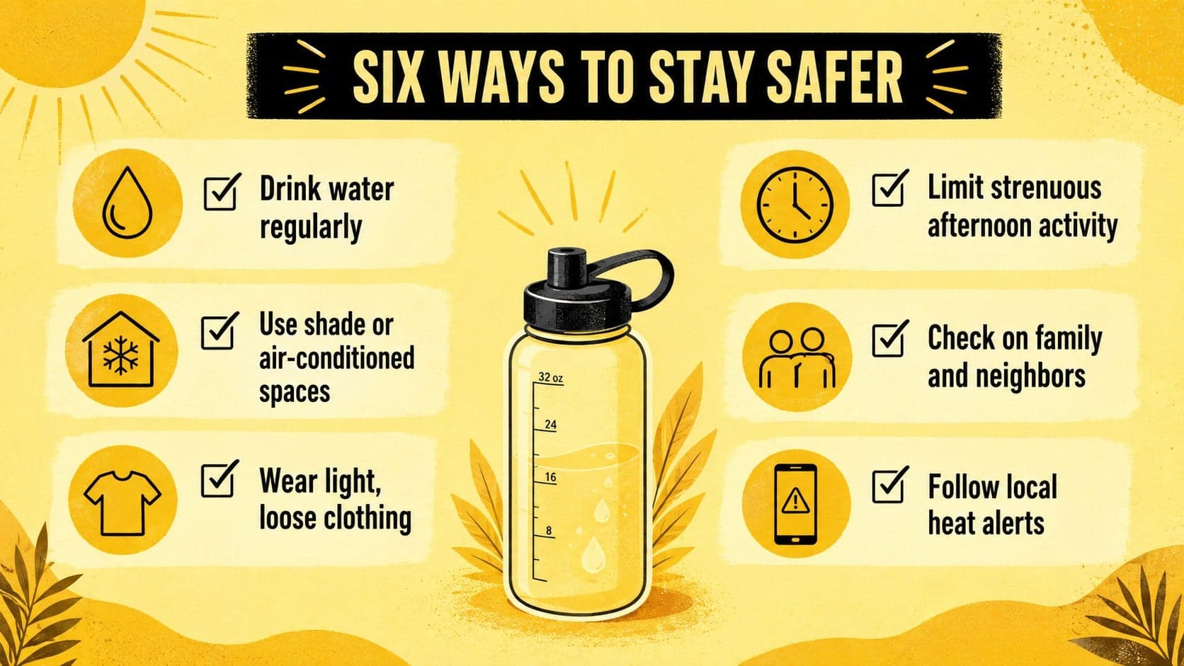 Student heat wave awareness deck slide presenting six practical actions for staying safe.