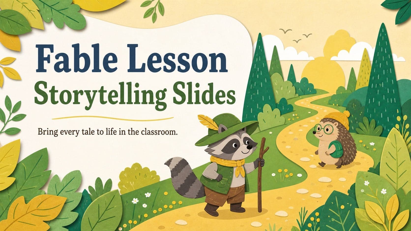 Cover slide for a fable lesson storytelling slides deck with cheerful animal artwork and a bright yellow and green classroom palette.