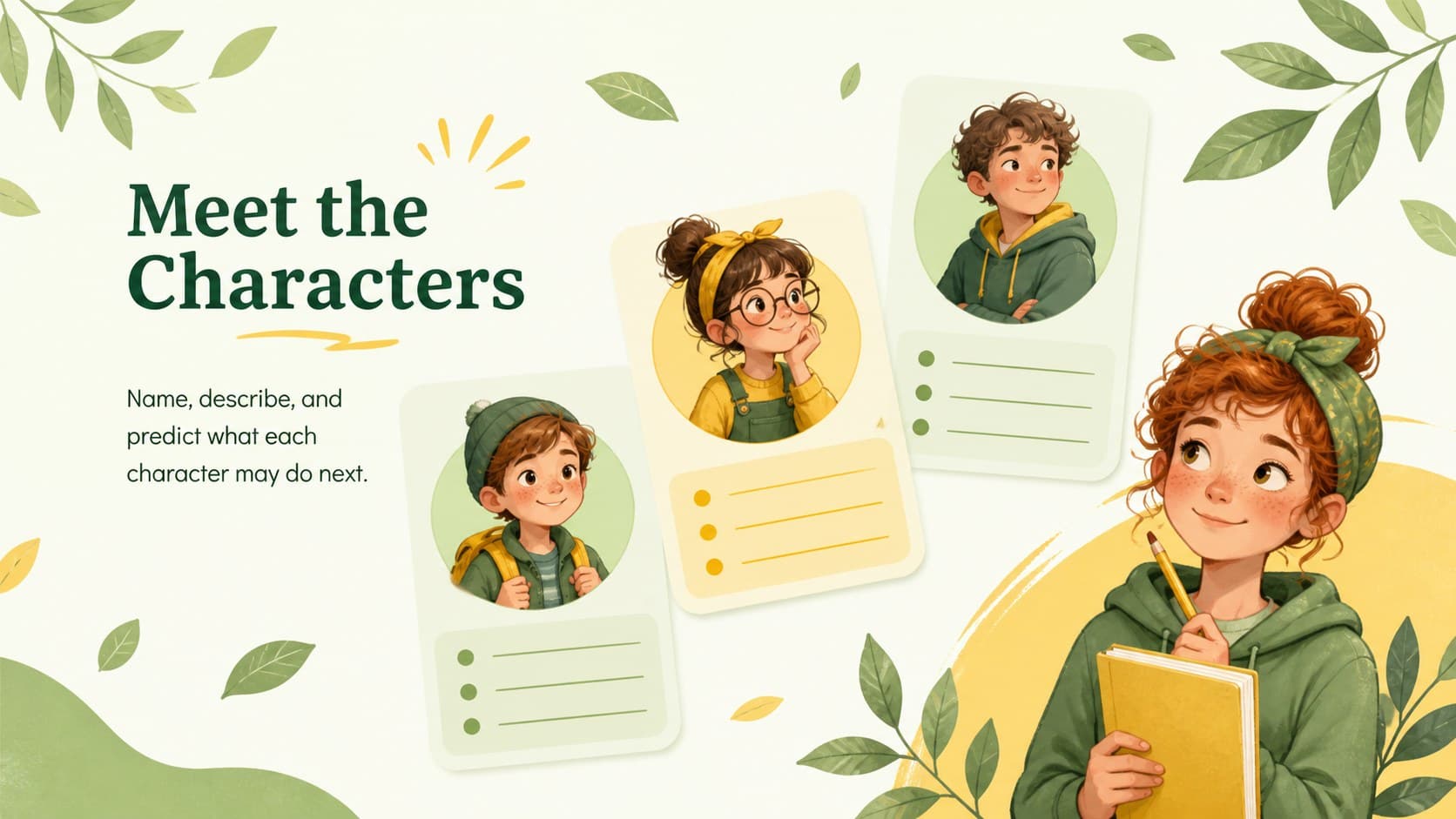 Animal story classroom presentation slide featuring a character profile layout for young readers.