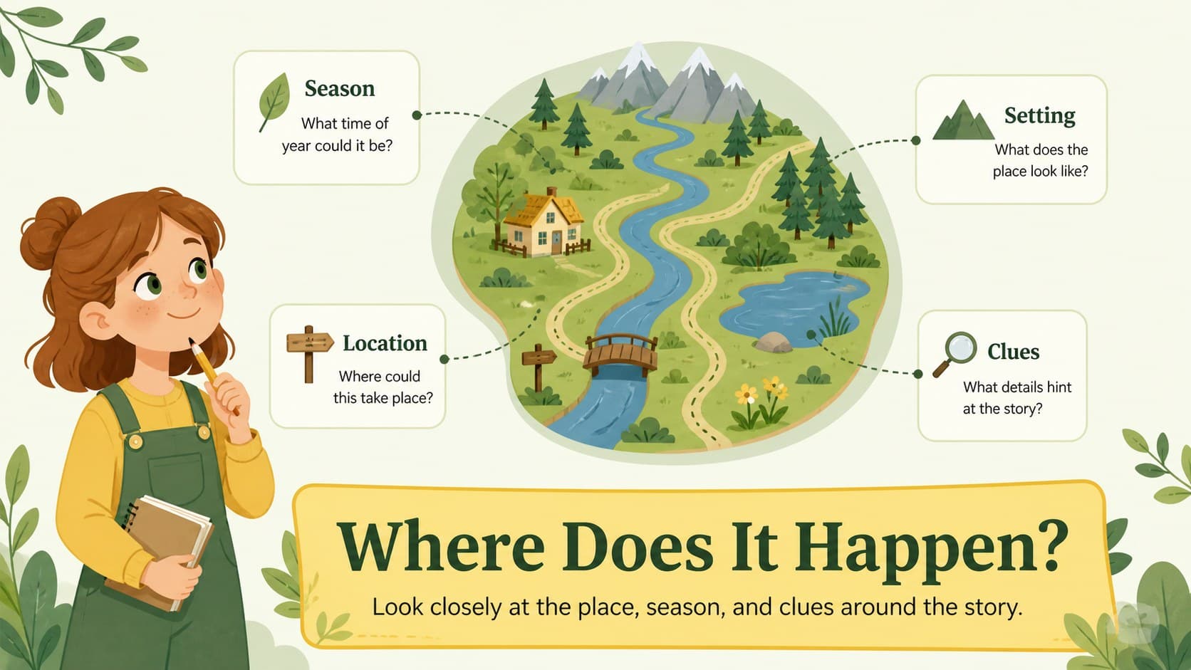 Preschool reading activity presentation slide showing a bright illustrated setting map for a fable.