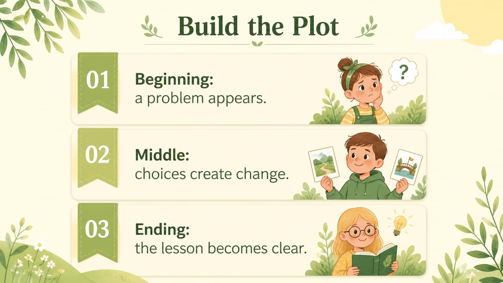 Editable literacy lesson slide organizing the beginning, middle, and ending of an animal tale.