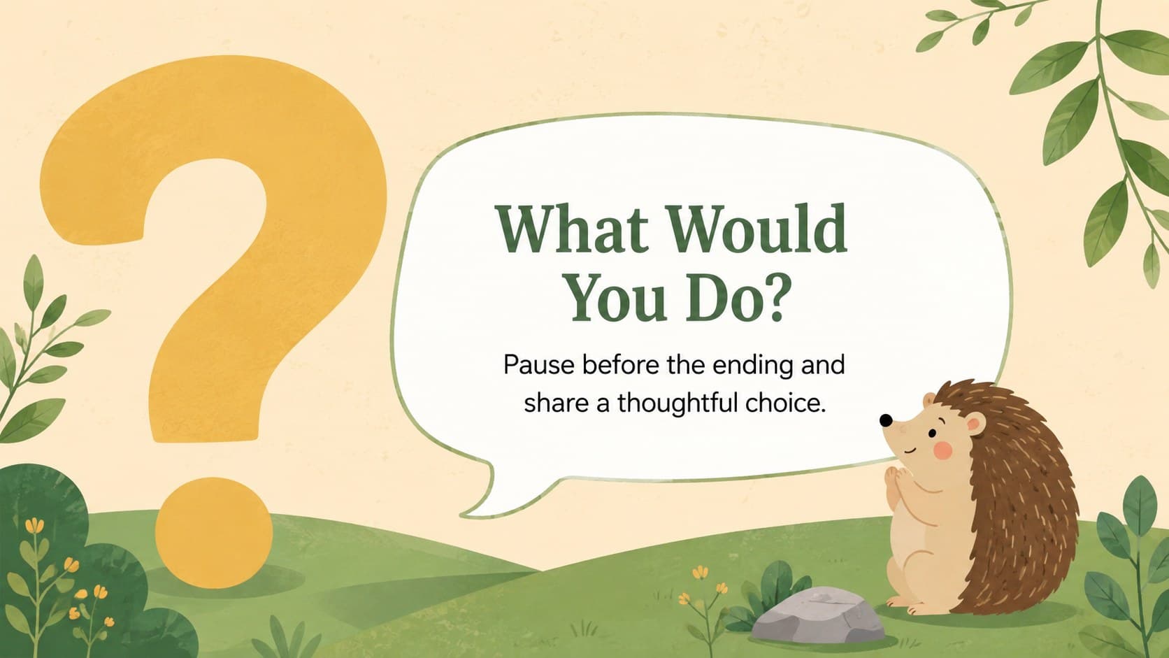 Elementary moral lesson slide deck page with a prominent question prompt and playful animal illustration.